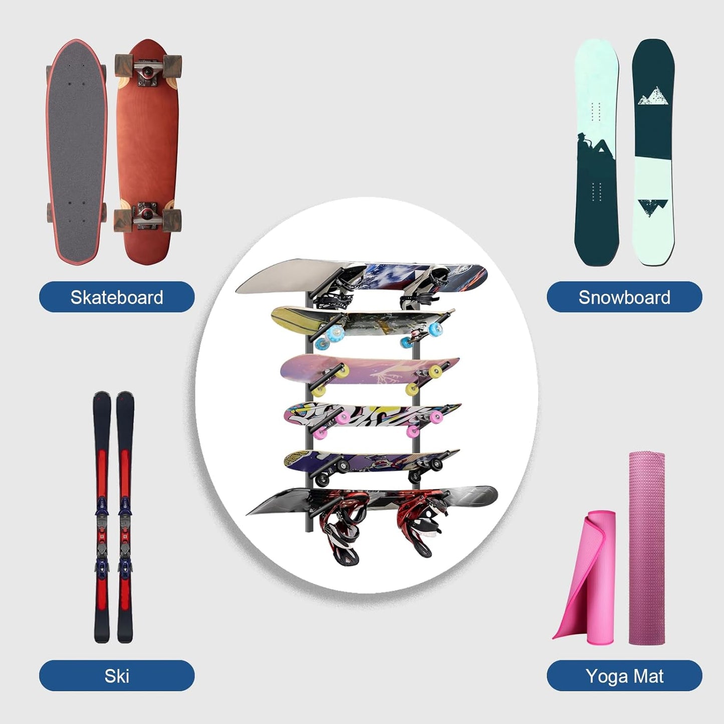 Skateboard Rack Wall Mount – Skateboard Wall Hanger, Snowboard Display Wall Mount, Ski Holder | 6-Floor Skateboard & Ski & Snowboard Storage Rack | Snowboard & Ski Lover Gifts