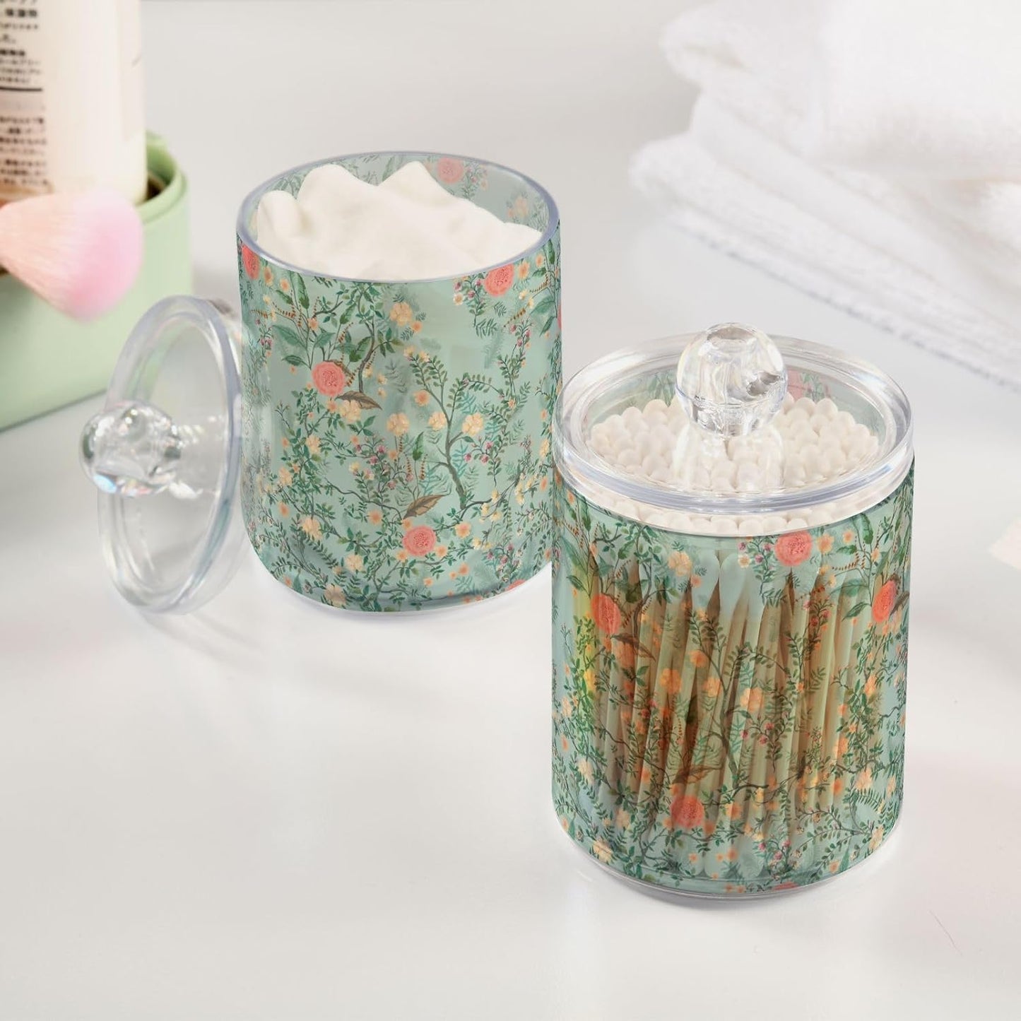 Vintage Floral Green 2 Pack Qtip Holder Dispenser for Cotton Ball, Swab, Pads - Clear Plastic Apothecary Jars with Lids for Bathroom Organizer, 10 oz