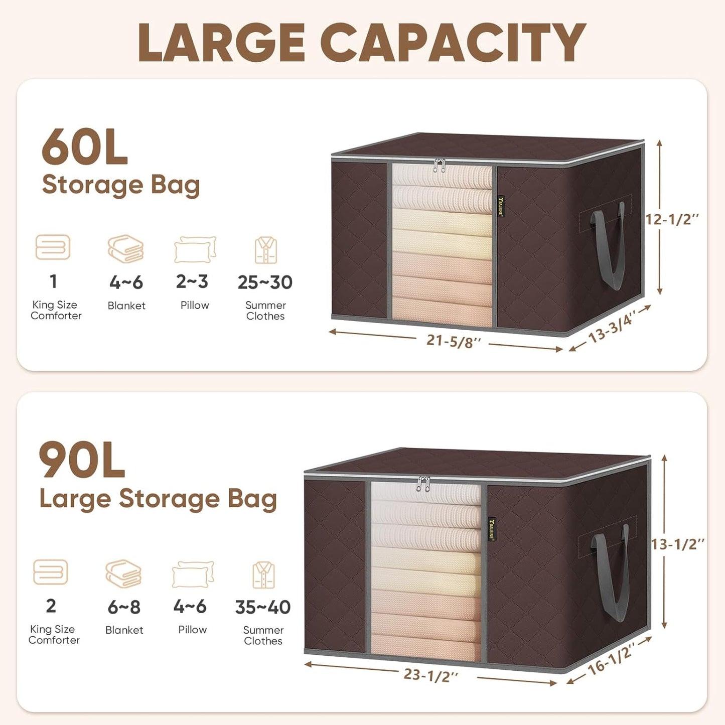 BALEINE 3 Pack Clothes Storage Bags, 16 Gallon Storage Containers with Reinforced Handle, Sturdy Zipper, Closet Organizer for Blanket, Comforter, Pillow, Bedding (Brown, 3 Pack)
