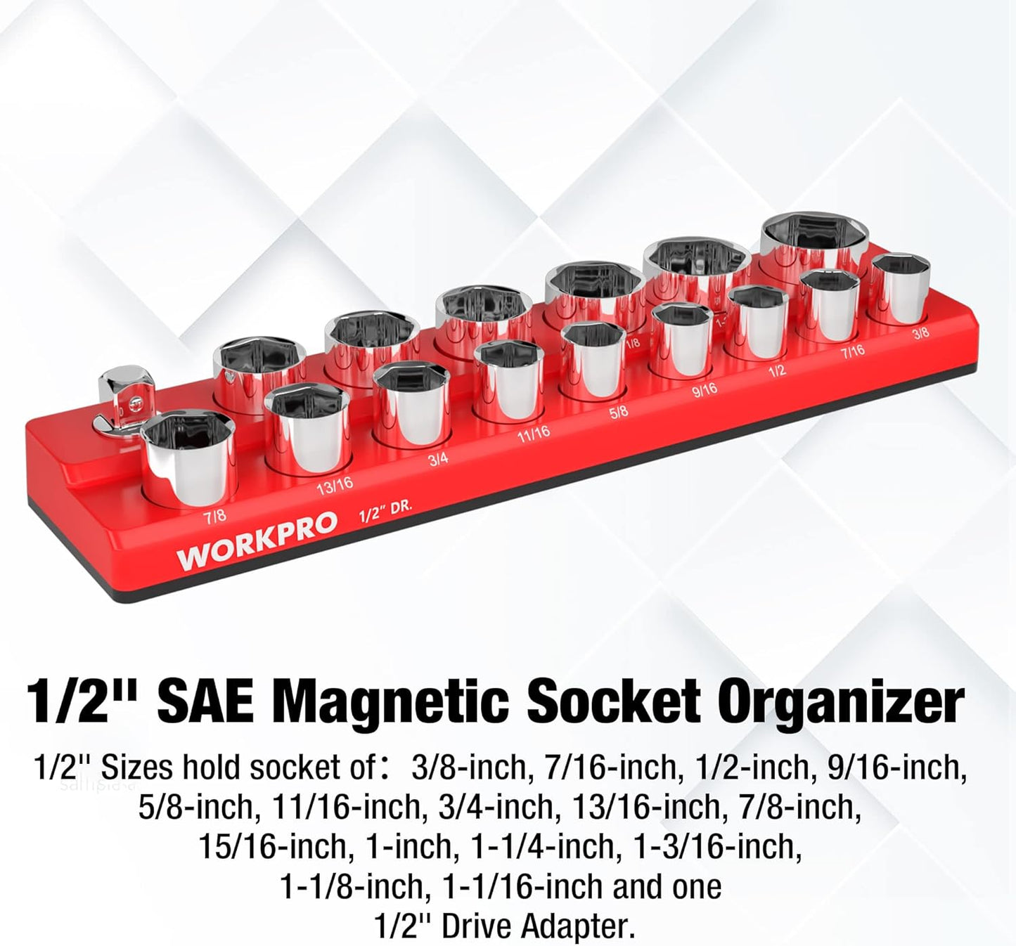 WORKPRO Magnetic Socket Organizer, 1/2-Inch SAE Sockets Holder, Socket Trays Holds 16 Pieces Standard Size and Deep Size Sockets(Socket not Included)