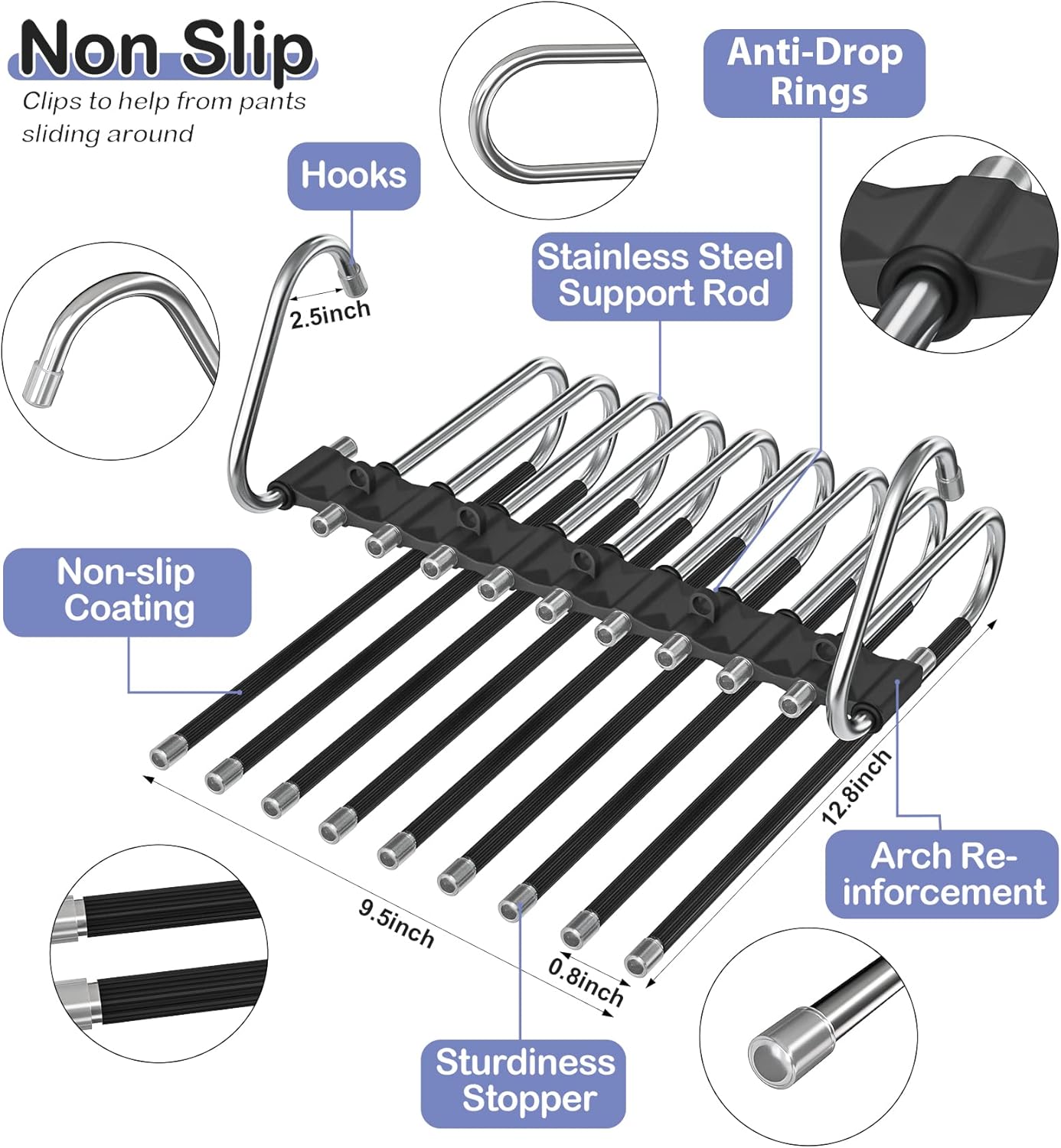Upgrade 9 Layers Pant Hangers Space Saving, Non Slip Stainless Steel Multifunctional Pants Rack S-Type Clothes Pant Closet Hanger Organizer with Hooks for Pants Jeans Trousers Scarf (4 Pack, Black)