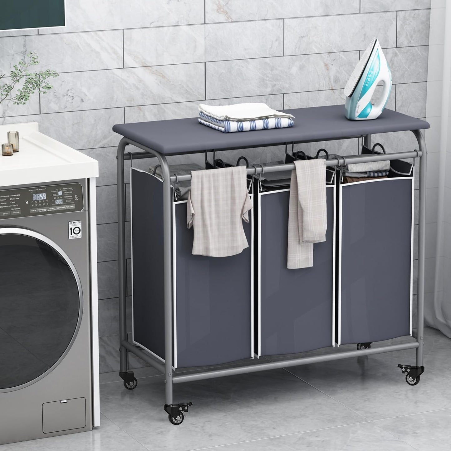 LINZINAR 3 Bag Laundry Basket Sorter Heavy Duty Rolling Lockable Wheels Laundry Hamper Cart with Ironing Board and Removable Bags, Grey