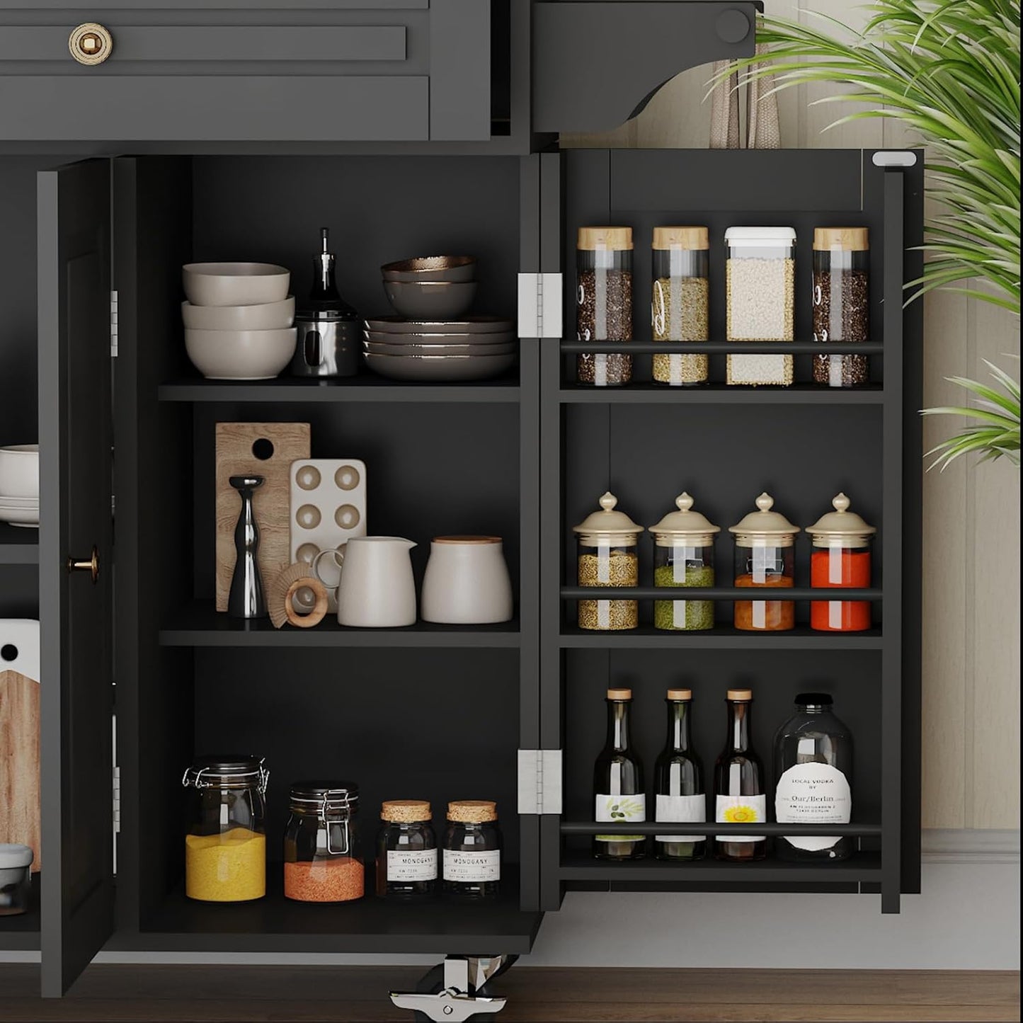 59’’ Rolling Kitchen Island Cart with Drop Leaf and Power Outlet, Movable Kitchen Islands with 3-Tier Door Storage Shelf, Island Table on Wheels, 2 Large Drawers, Towel Racks, Black