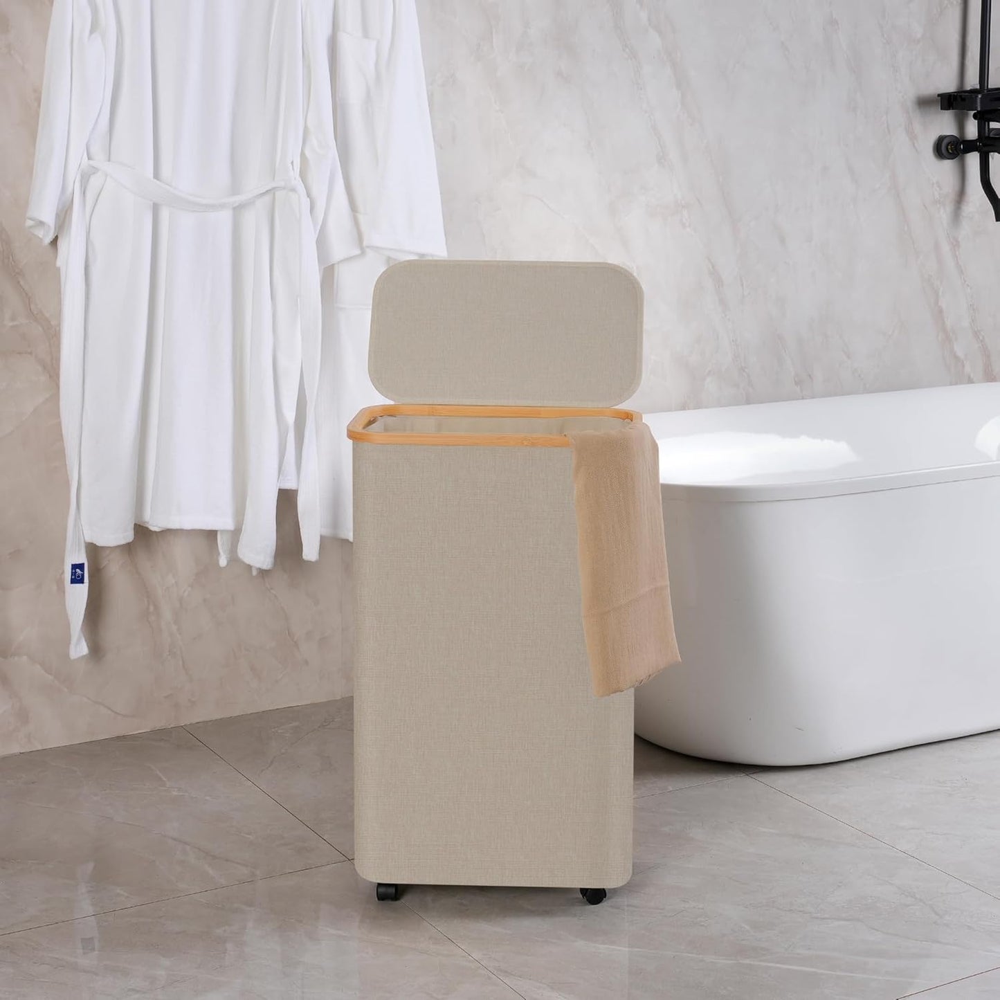 efluky Laundry Basket with Wheels, Tall Rolling Laundry Hamper with Lid and Removable Bag, Aesthetic Dirty Clothes Hamper on Wheels for Laundry Room, Bedroom, Dorm and Bathroom, 75L Oatmeal