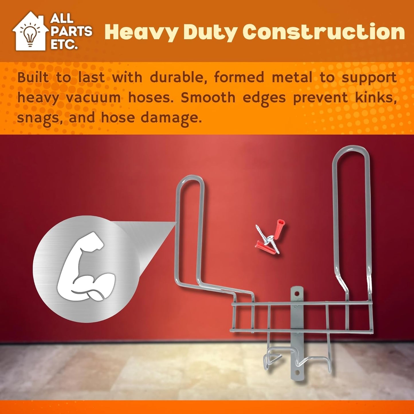 Deluxe Vacuum Hose Hanger – Heavy Duty Metal Wall Mount Storage Rack for Central & Canister Vac Systems – Fits 30-40 Ft Hose – Includes Screws & Anchors – Gray