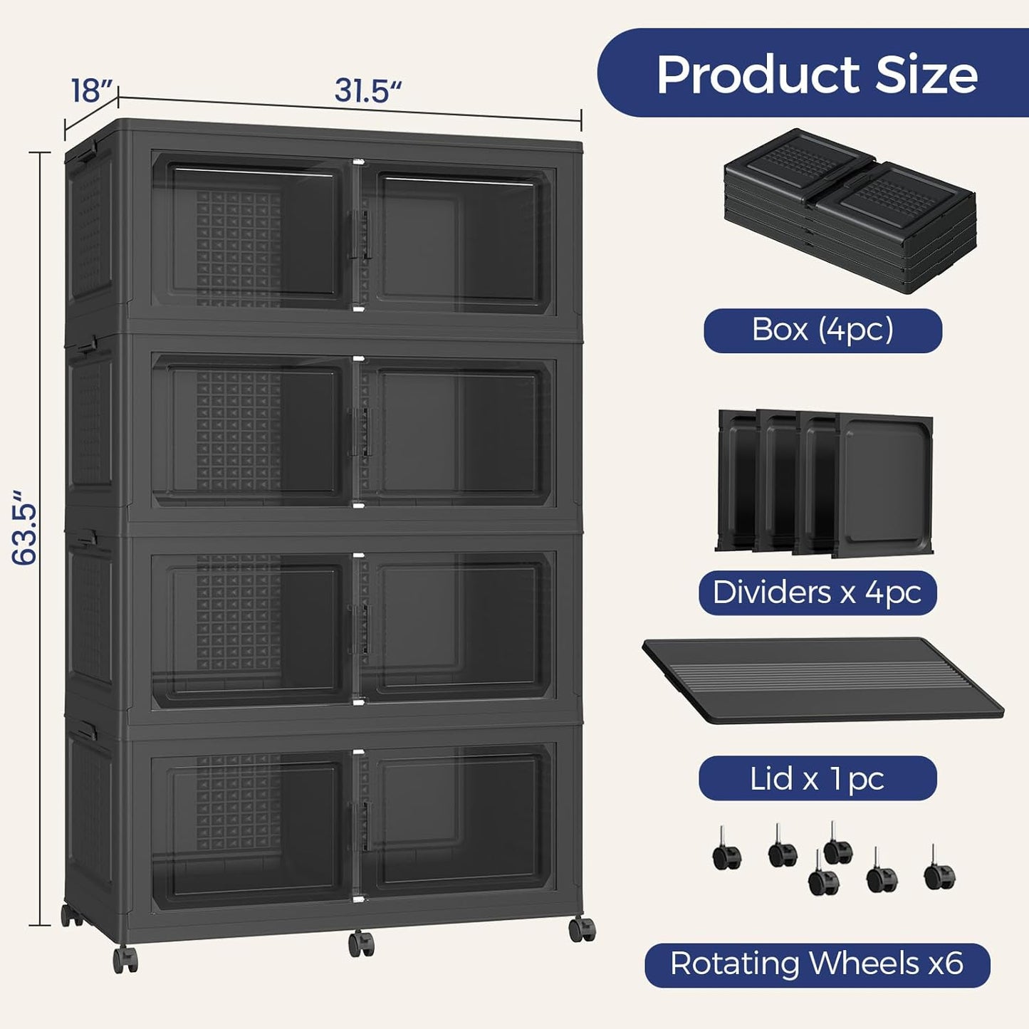 200GAL Extra Large Storage Bins with Lid, 800Qt Stackable Closet Organizers and Drawers, Collapsible Storage Bins with Wheels, Folding Containers for Home, Kitchen Office, 4Pack Black