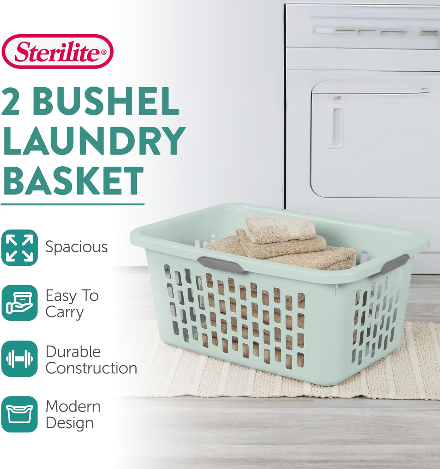 Sterilite Laundry Basket, Plastic Clothes Hamper, Large Rectangle Bin with Comfort Grip Handles and Reinforced Rim, 2 Bushel Capacity, Mint, 24 Pack