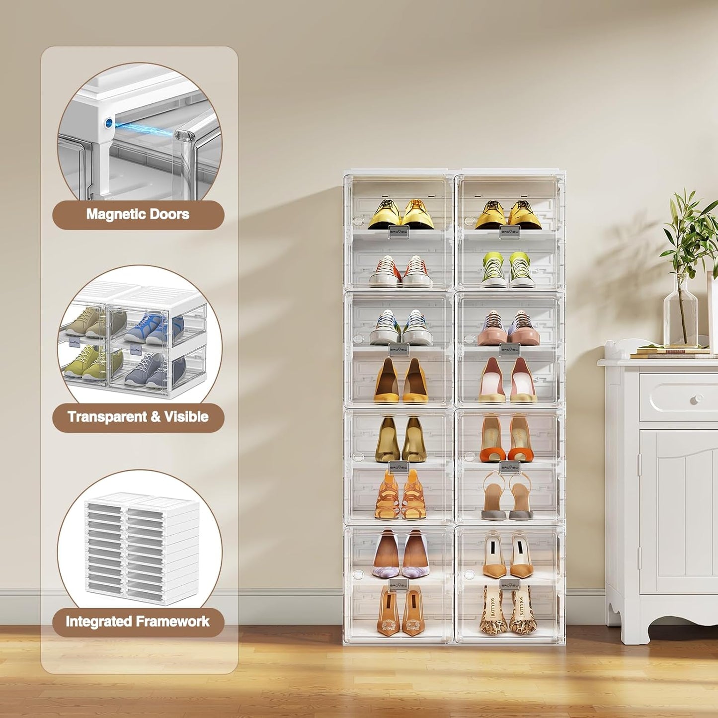 BROVIEW Foldable Shoe Rack, Large Stackable Sneaker Organizer Storage Box with Magnetic Clear Door, Plastic Folding Shoes Cabinet Bins, Shoe Shelf Space Saving for Closet, Entryway 8 Tier 16 Grids