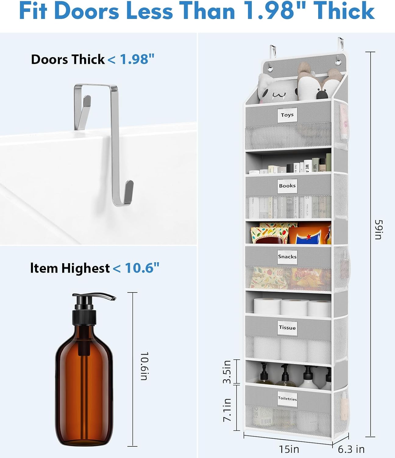 Over The Door Organizer Hanging, 2 Pack 5 Shelf Behind The Doors Storage, Pantry Door Organizer, Closet Organizers for Bedroom and Nursery (Grey)