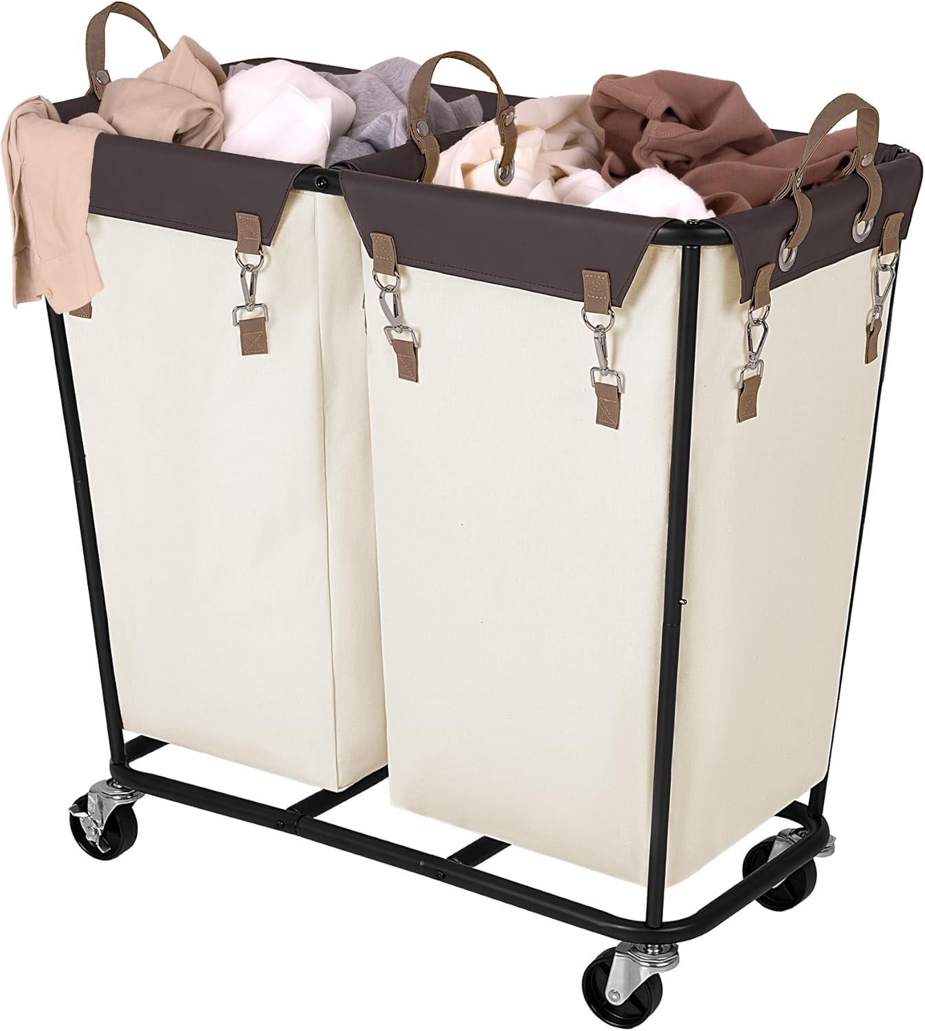 StorageWorks 280L Large Lanudry Hamper with Wheels, Laundry Basket with Wheels 2 Sections, Clothes Sorter Cart with Divider for Hotel, Home, Beige, 1-Pack