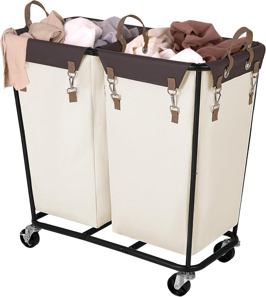 StorageWorks 280L Large Lanudry Hamper with Wheels, Laundry Basket with Wheels 2 Sections, Clothes Sorter Cart with Divider for Hotel, Home, Beige, 1-Pack