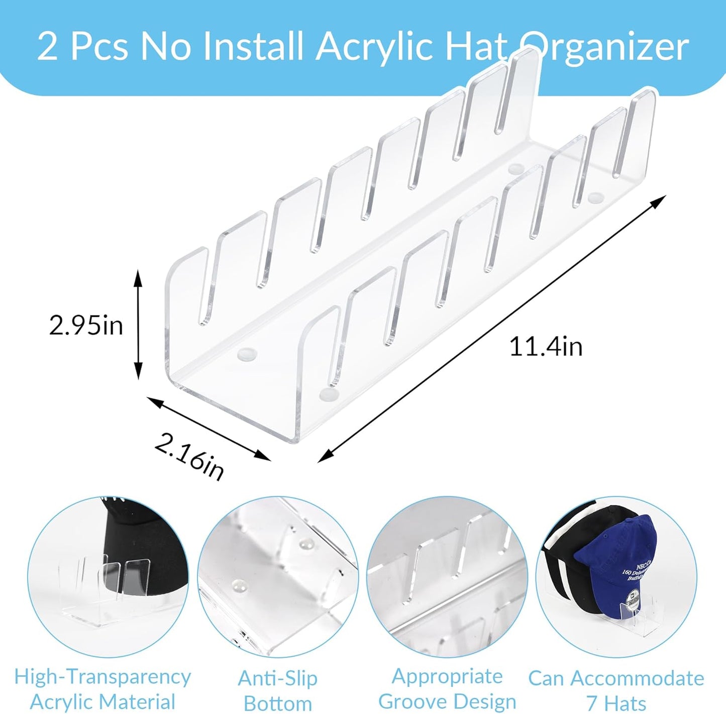 Acrylic Hat Organizer for Baseball Caps,Hat Holder,Hat Storage for Baseball Caps,Hat Organizer for Closet,Hat Stand,Hat Rack for Closet, 2 Pack