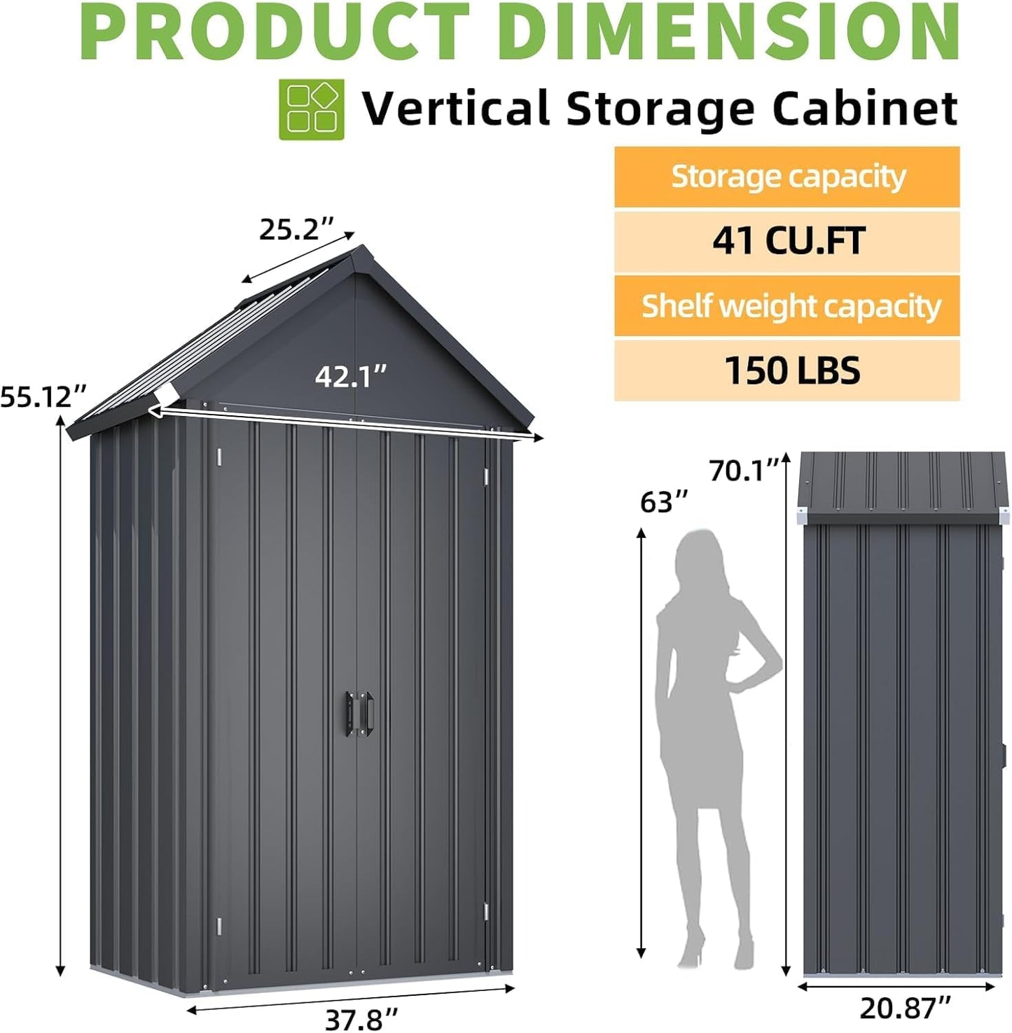 AECOJOY Outdoor Storage Cabinet Waterproof, Vertical Tall Sheds Cabinet with Shelves and Double Door, Garden Tool Sheds & Outdoor Storage Cabinet Weatherproof for Backyard, Patio, Lawn, Dark Gray