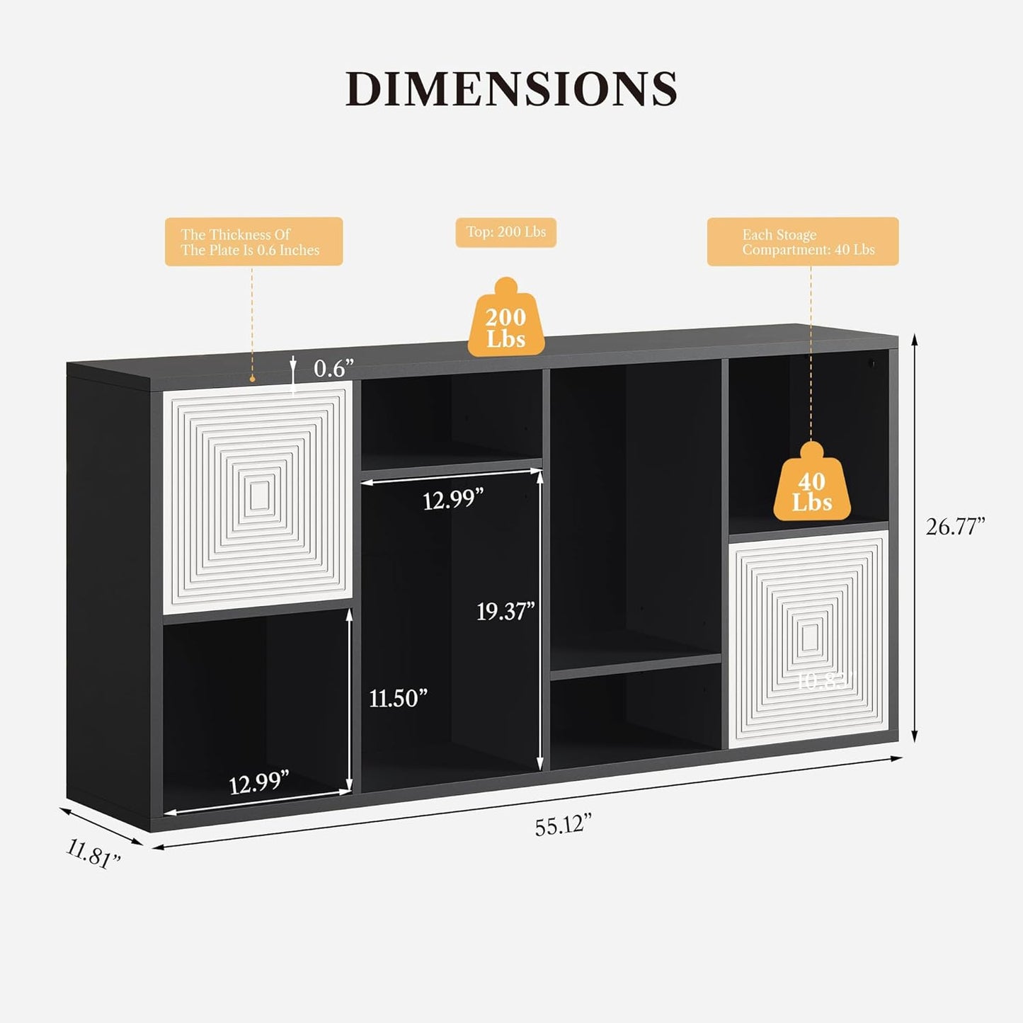 Wooden 8 Cube Storage Organizer, Cubby Storage Organizer with Doors, Multipurpose Cubbies Organizer with Adjustable Shelves, Display Storage Cabinet with Closed Back for Living & Office, Black
