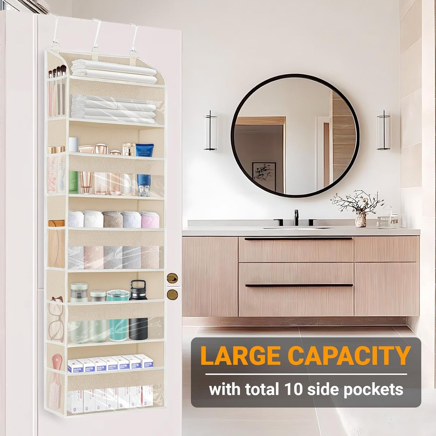 5 Layers Over The Door Organizer with Clear Window, 10 Mesh Side Pockets and 3 Hooks, 1 Pack Large Pockets Heavy Duty Hanging Storage for Bedroom/Bathroom/Pantry/Nursery, Kids Toys, Shoes(Beige)