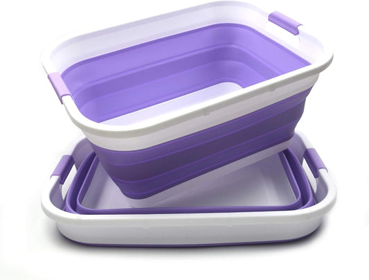 SAMMART Set of 2-41L(10.8 gallon) Collapsible Plastic Laundry Basket-Pop Up Storage Container-Portable Washing Tub-Space Saving Hamper,Water capacity:32L(8.4 gallon) (2 rectangular, Lt. Purple)