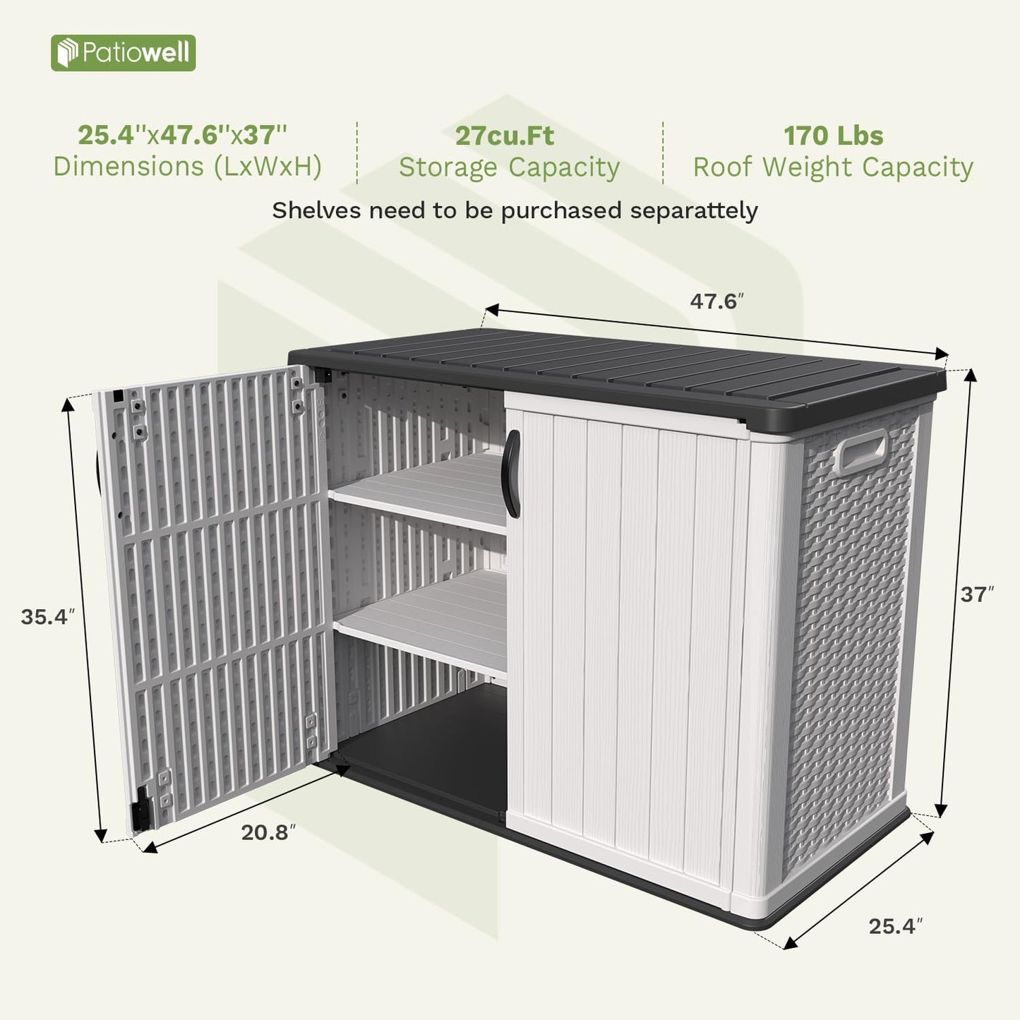 Patiowell 26 Cu.ft Plastic Outdoor Storage Cabinet, Lockable Waterproof Horizotal Storage Shed, Tool Box for Patio, Garden Tools, Garbage Cans, Pool Supplies, Easy Assembly, White(Not Include Shelves)