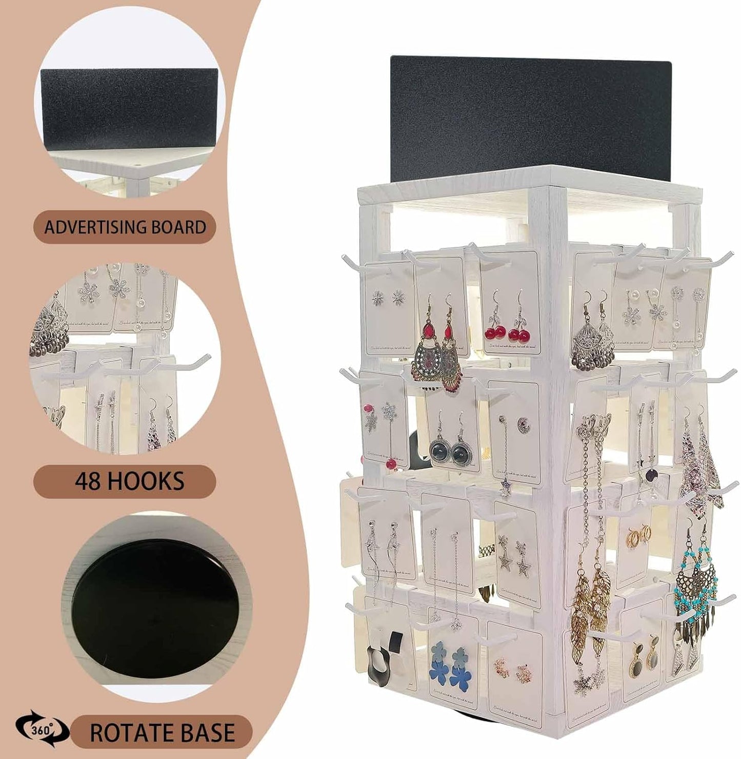 Wooden rotating Jewelry Display Stand with Removable 48 Hooks advertising board, For Earring Cards necklace bracelet Keychain Jewelry Organizer For Selling For vendor events (White)