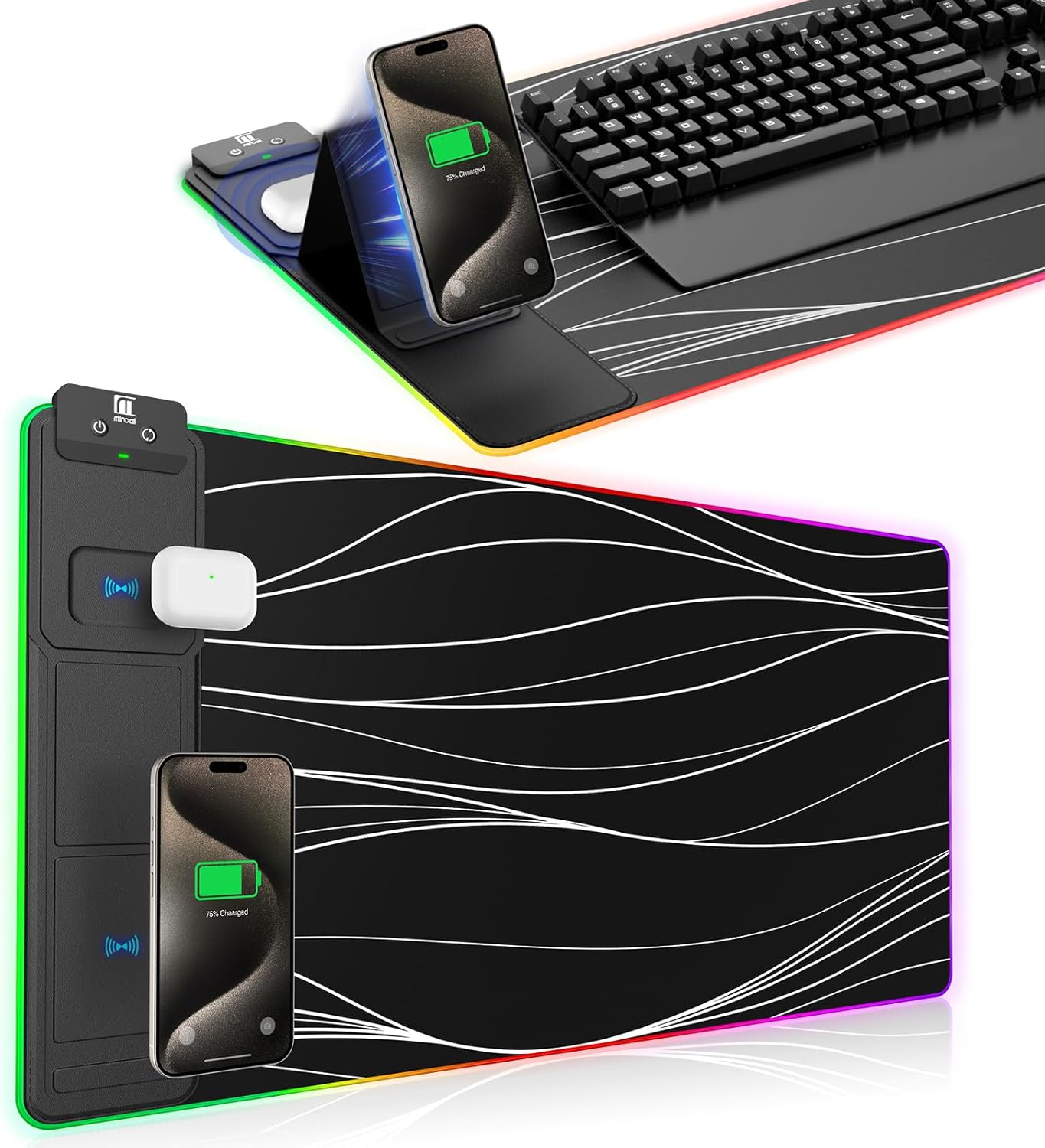 XXL Mouse Pad with Phone Holder, RGB Desk Mat with 15W Fast Charging, LED Large Gaming Mouse Pad with 11 Lights Colors, Long Mouse Pads, Waterproof Non-Slip Desk Pad for Gamer Esports Pros