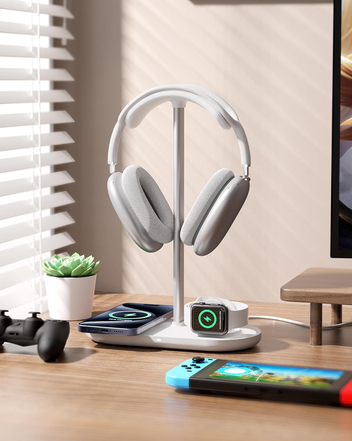 Universal Headphone Stand, Magnetic Wireless Charger for iPhones/AirPods/iWatch, Aluminum Alloy Rod, Leather Pad, ABS Solid Base, White