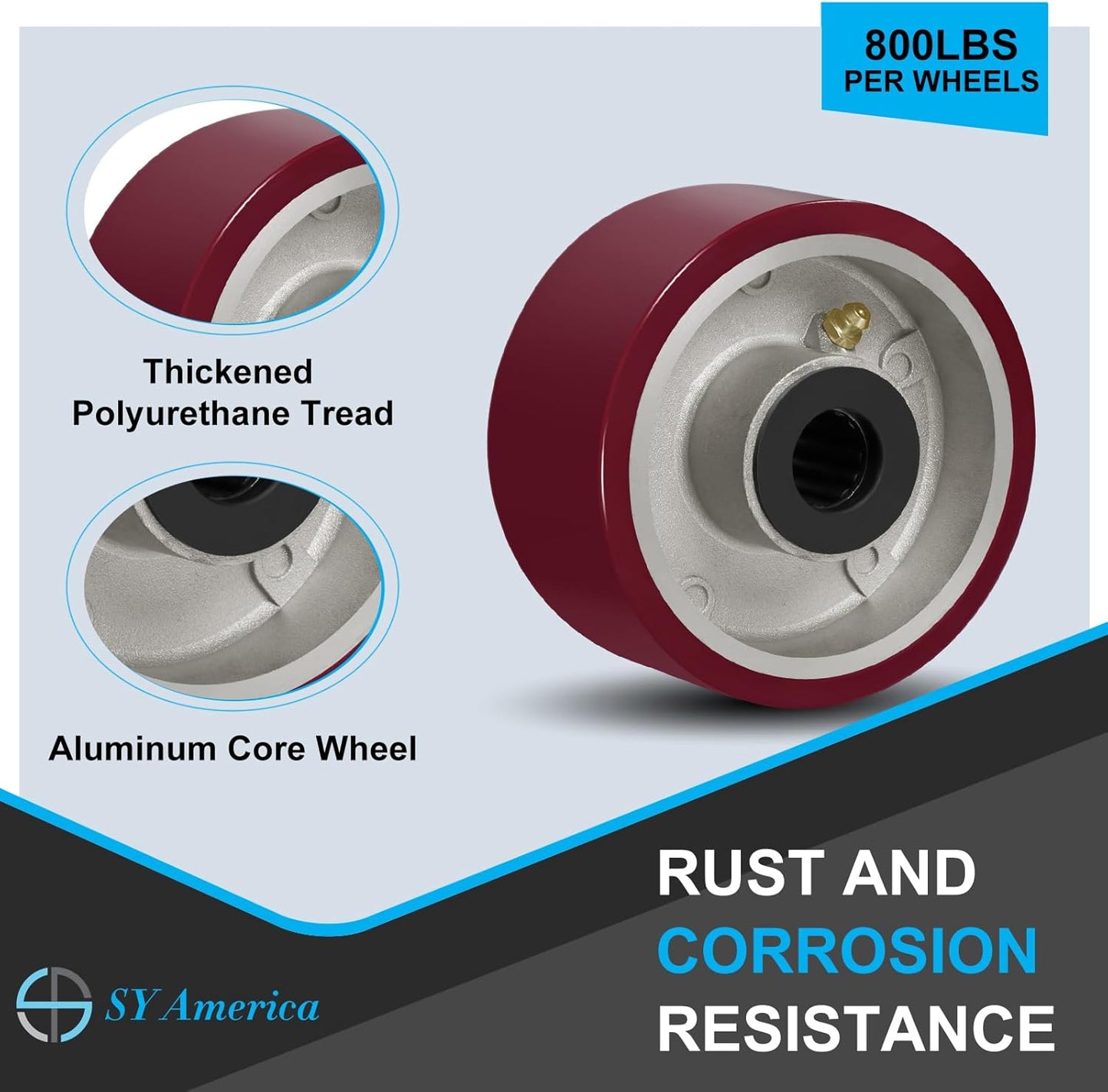 SY America 4" X 2" Casters Wheels,Heavy Duty Industrial Casters，Polyurethane on Aluminum Wheels,1 Swivel Casters,800 LBS Load Capacity