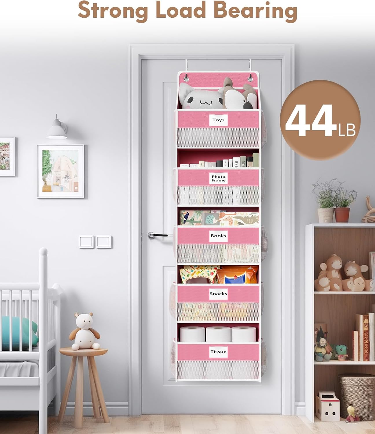 Over The Door Organizer Hanging, 5 Shelf Behind The Doors Storage, Pantry Door Organizer, Closet Organizers for Bedroom and Nursery (Pink)