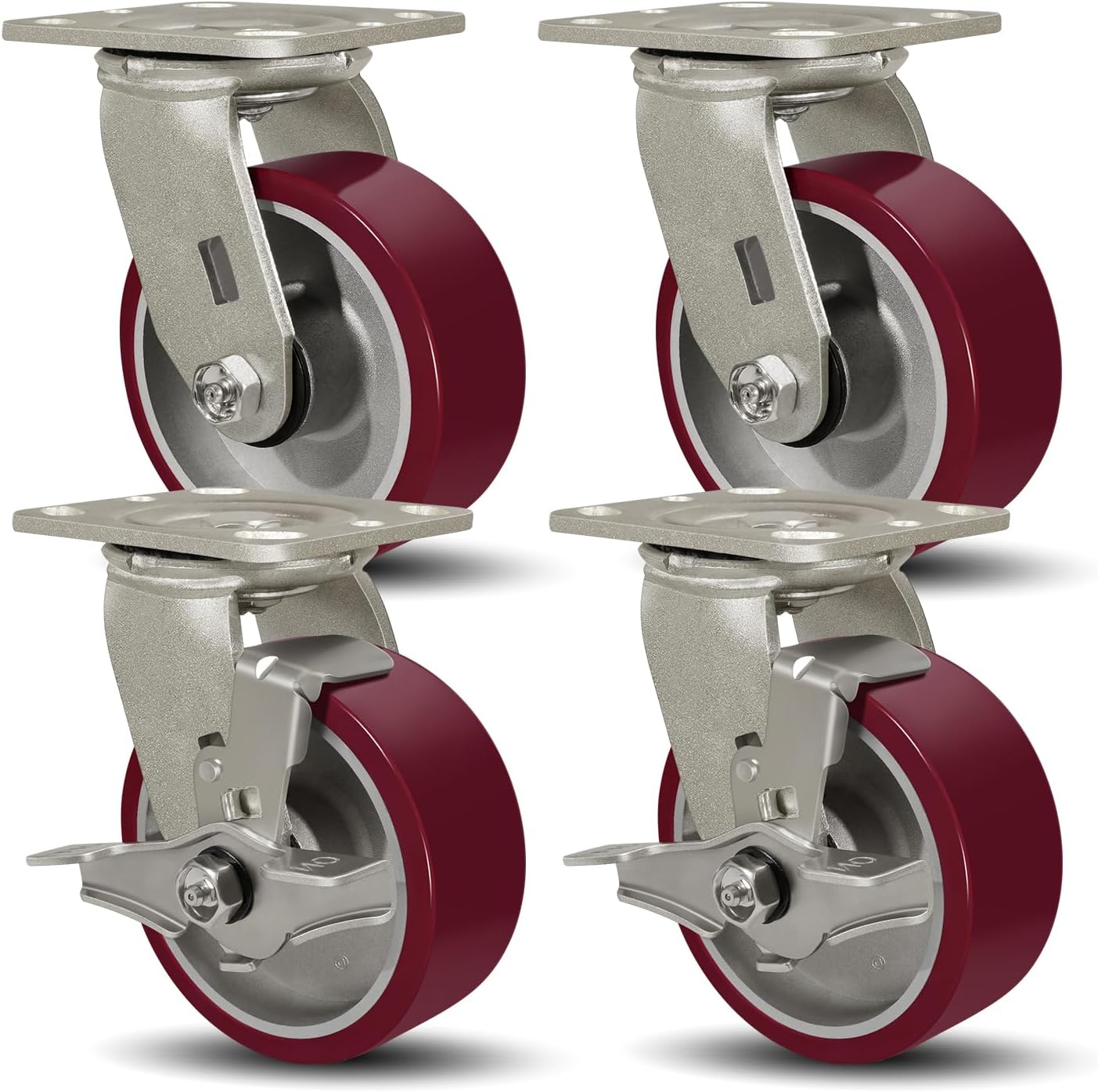 SY America 5" X 2" Casters Wheels,Heavy Duty Casters Set of 4，Polyurethane on Aluminum Wheels,2 Swivel 2 Swivel w/Top Lock Brake Casters,4400 LBS Load Capacity