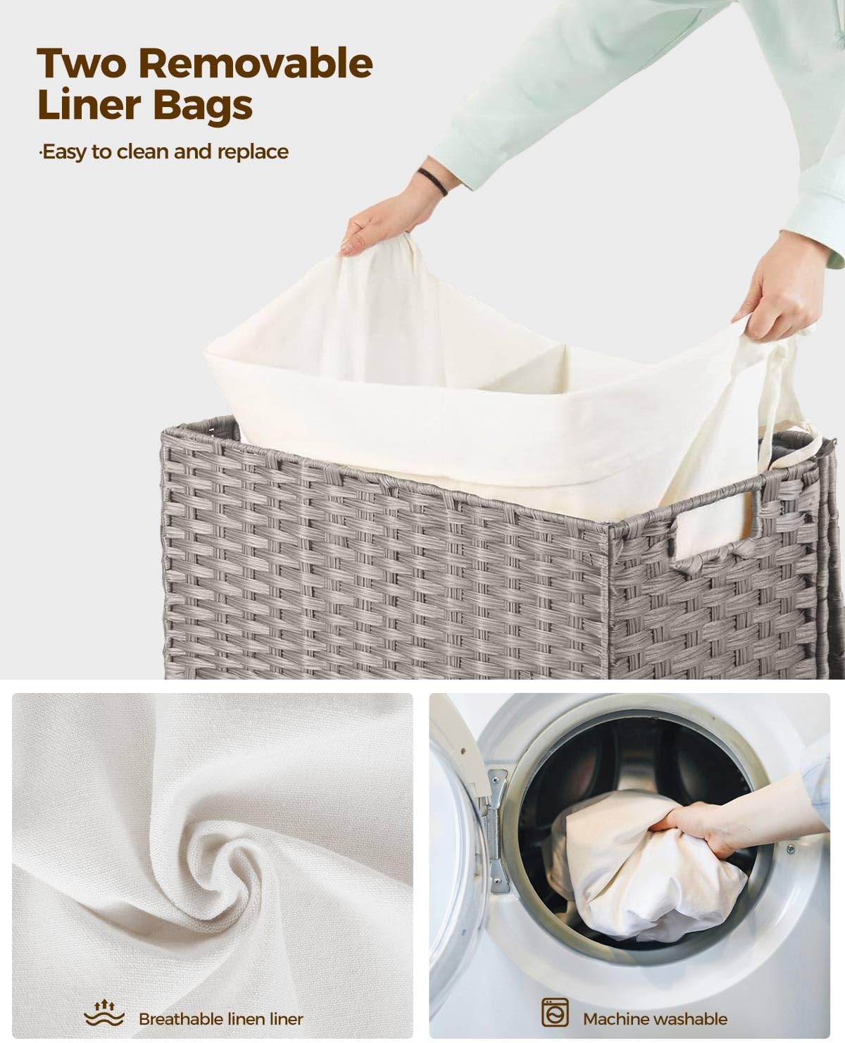 Greenstell Laundry Hamper with Wheels, No Install Needed, 110L Divided Handwoven Hampers & 2 Removable Liner Bags, Rattan Clothes Laundry Basket with Lid & Handles, Foldable Hampers Gray 22x13x26.4 In