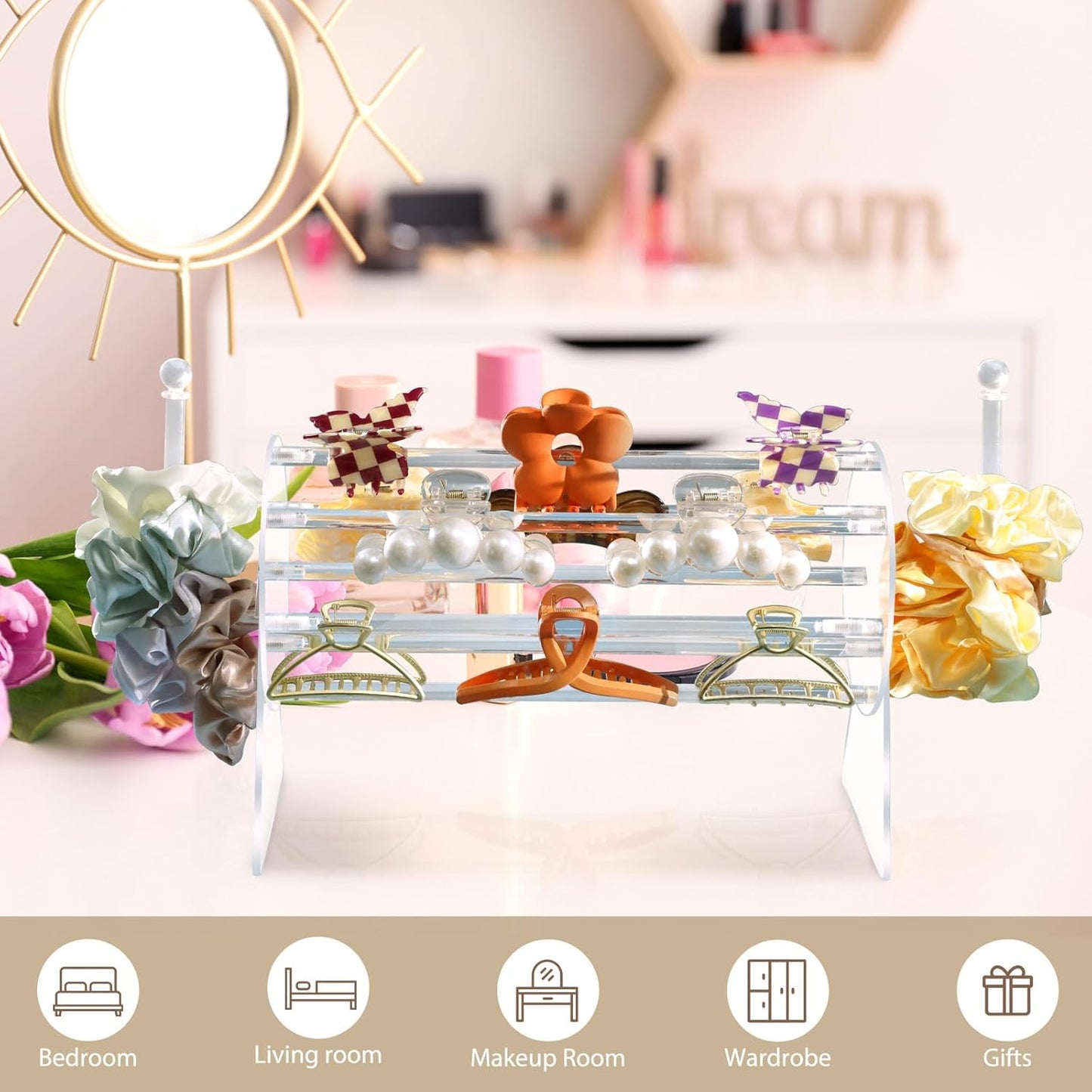 SNOWSTAR Acrylic Claw Clip Organizer Holder,360-Degree Rotating Claw Clip Holder and L-Type Storage,Hair Clip Organizer Display Clear Stand for Women and Girls