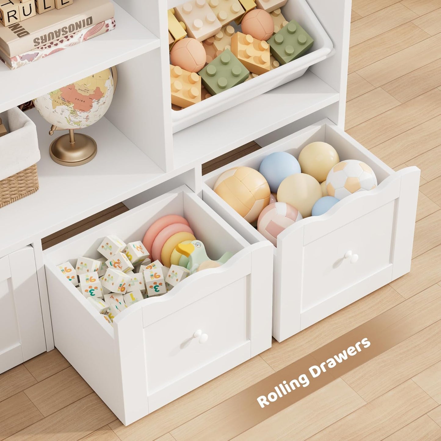 HITHOS 55" W Kids Toy Storage Organizer, Large Toy Box with Bookshelf, Toy Chest with 3 Cubes Storage Organizer, 6 Toy Organizers and Storage Bins, 4 Rolling Drawers for Kids Room, Playroom, White