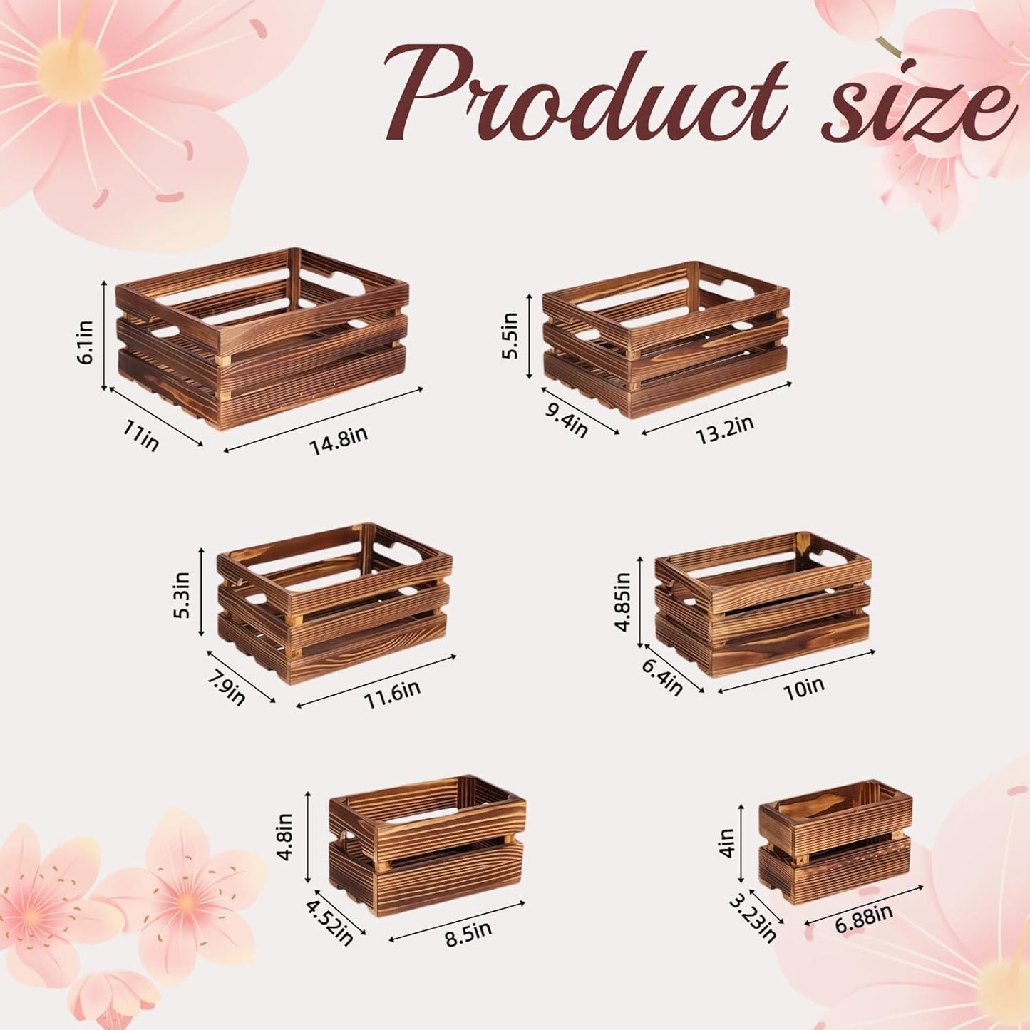 Set of 6 Decorative Wood Crates for Display, 6 Size Farmhouse Wooden Baskets Rustic Nesting Crates Decor Boxes with Handle for Storage, Container, Display, Christmas Decorations