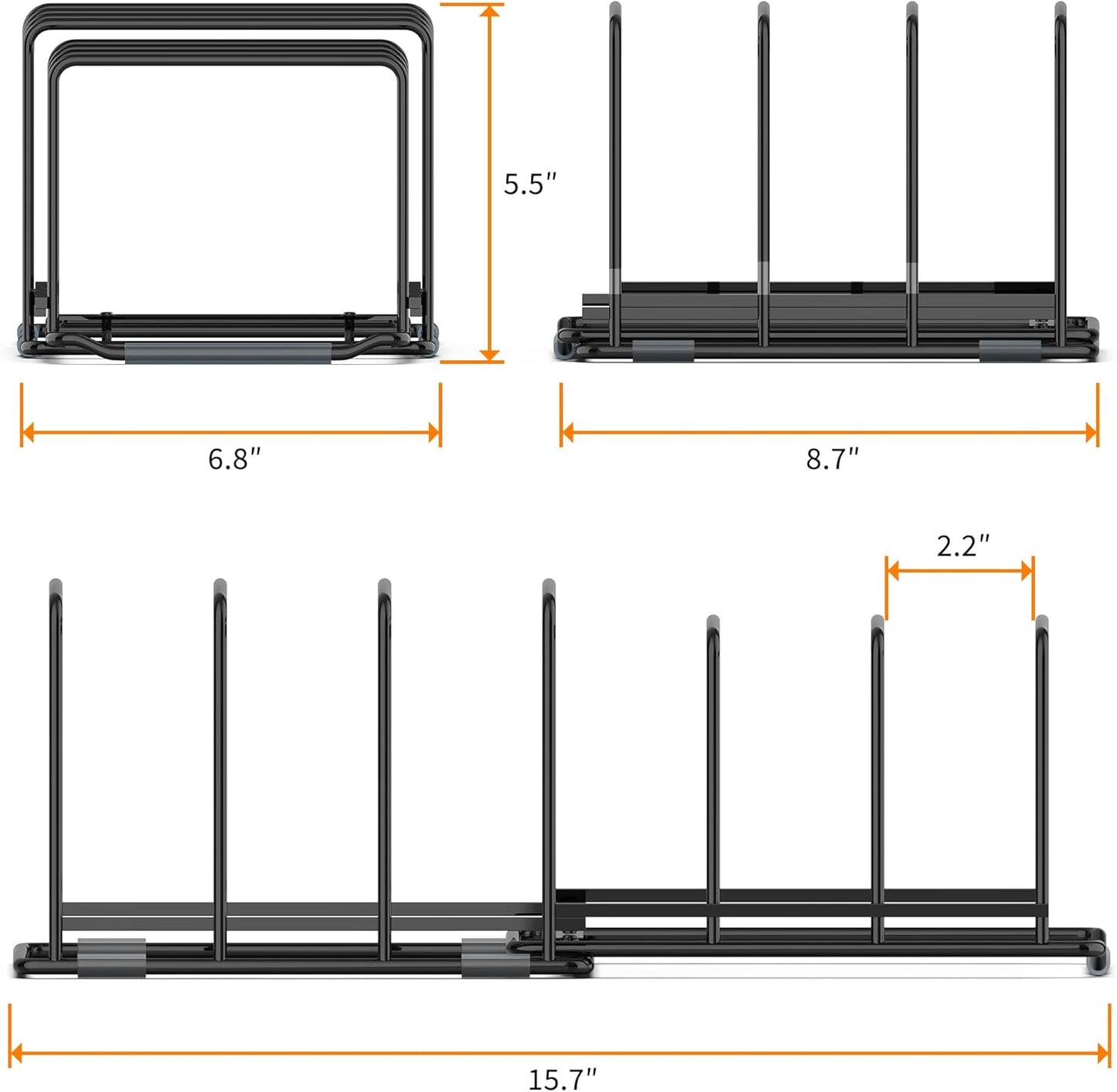 Adjustable 2.2in Pan Organizer Rack - for Pots,Pans,Cutting Boards,Cookie Sheets & Muffin Pans with 6 Slots,Non-Slip-8.7 * 6.8 * 5.5 inch
