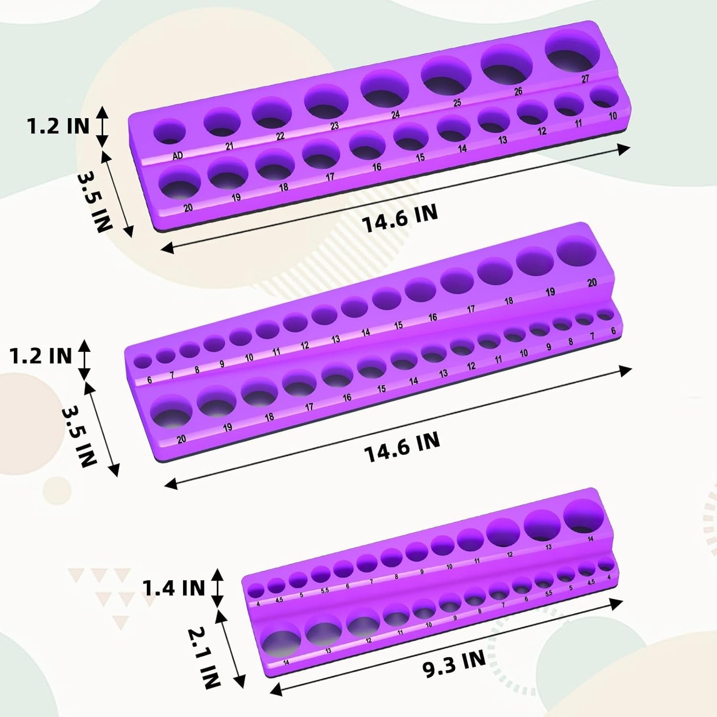 Magnetic Socket Organizer Set, 3-Piece Socket Holder Trays for 1/4" 3/8" 1/2" Drive Sockets, Organizes 68 Metric Sockets, Purple Tool Box Organizer (Sockets Not Included)