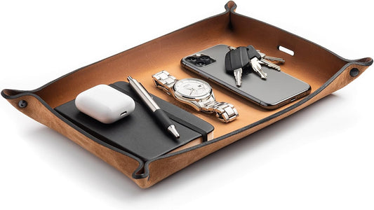 Main Street Forge Leather Valet Tray for Men – Rustic EDC Organizer for Keys, Phone & Wallet – Made in USA - Charred Oak