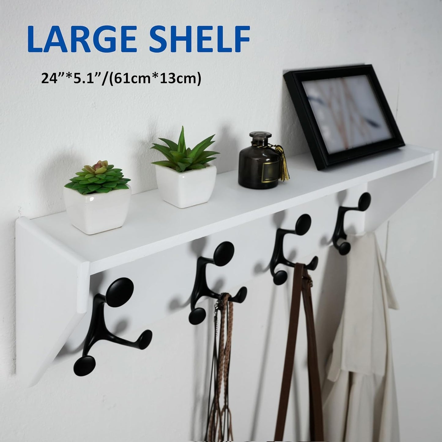 WEBI Wall Shelf with Hooks Underneath,24” Long Wall Mounted Coat Rack with Shelf,Entryway Coat Rack with 4 Triple Hooks for Hanging Coats,Jacket,Hallway,Bedroom,Mudroom,White