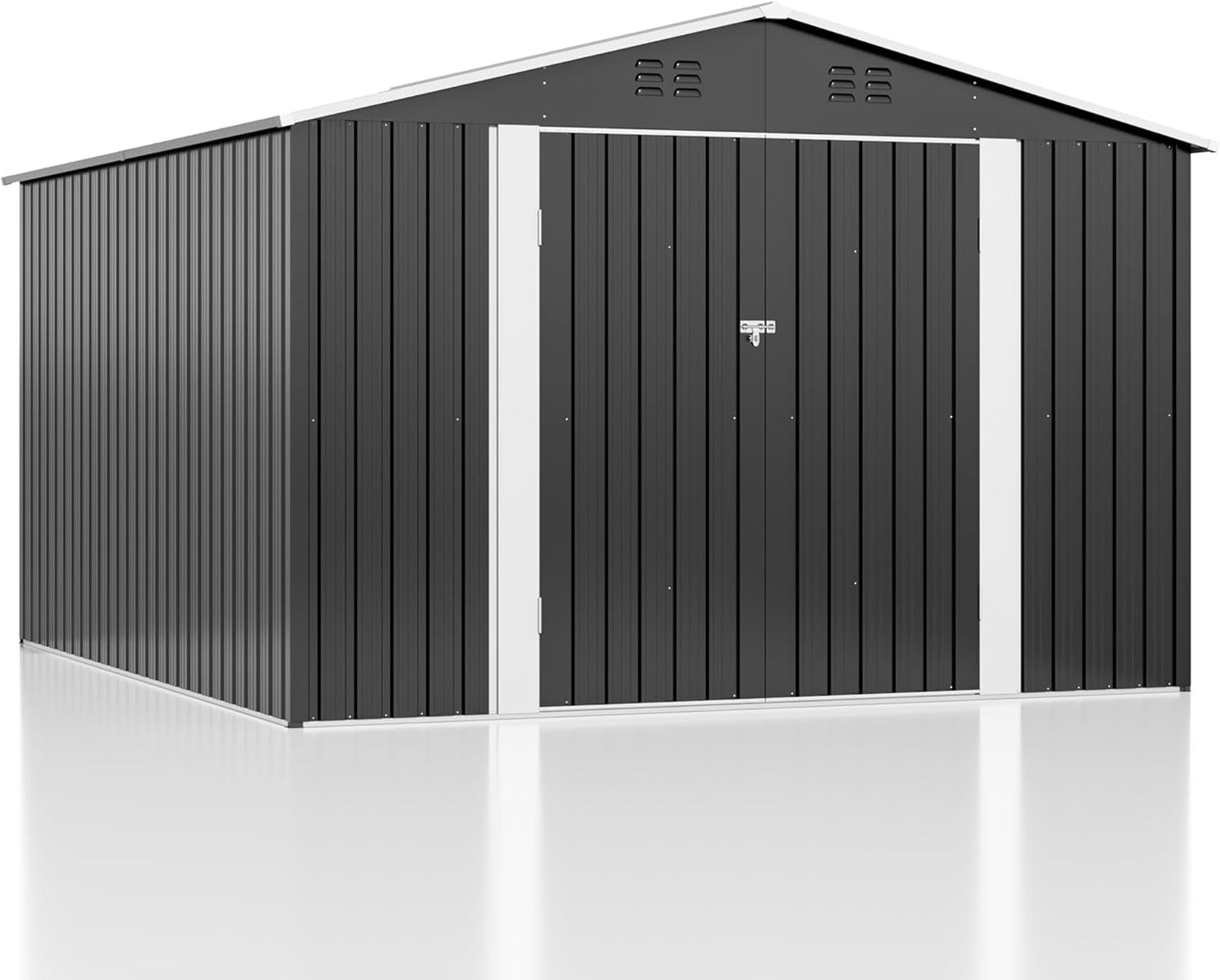 10x10 FT Storage Shed, Garden Shed with Updated Frame Structure and Lockable Doors, Metal Tool Sheds for Backyard Garden Patio Lawn, Grey