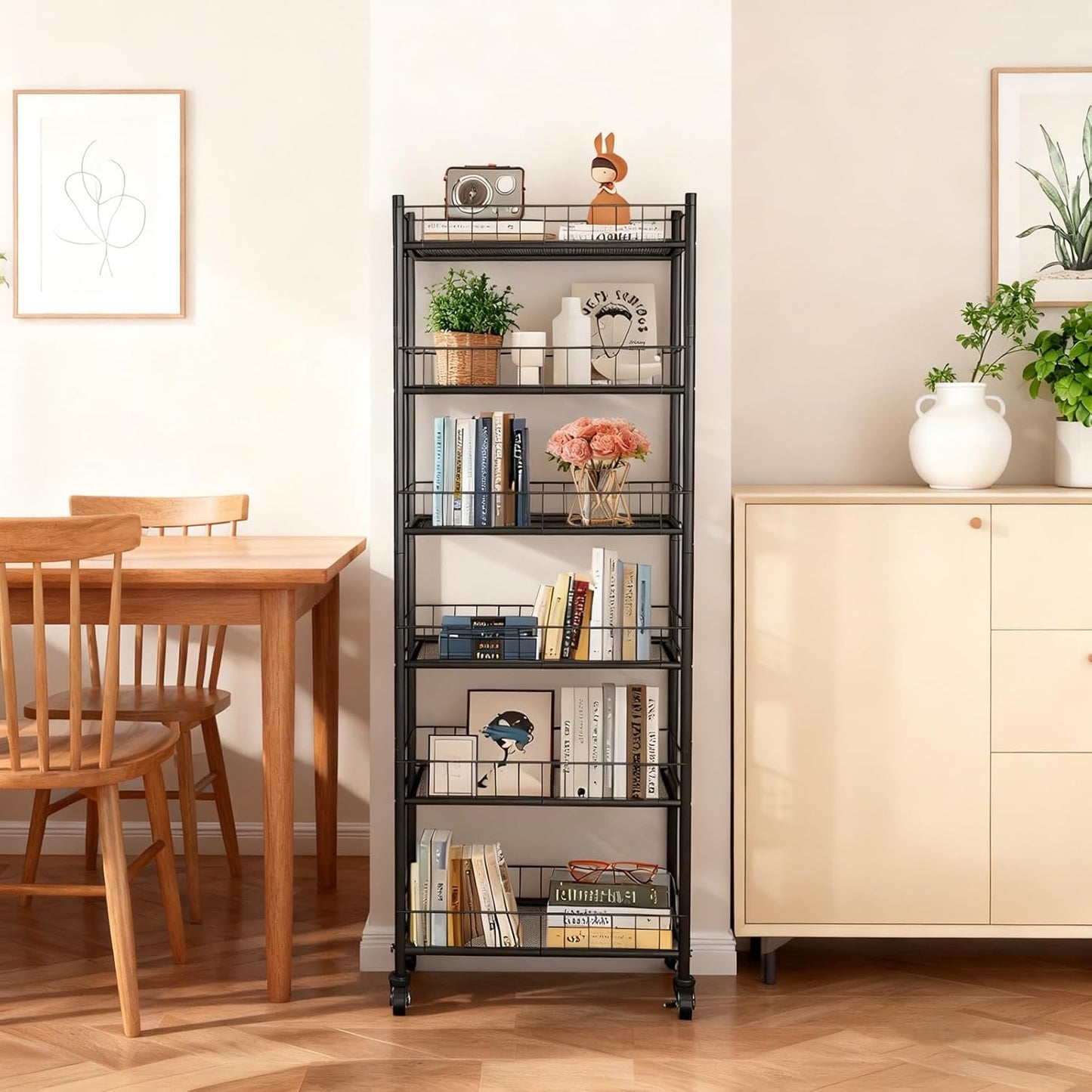 Utility Slim Storage Cart,6 Tier Narrow Kitchen Storage Cart,Laundry Room Carts,for Kitchen,DiningRoom,Living Room,Home Office,Rustic Brown and Classic (6 Tier Black)