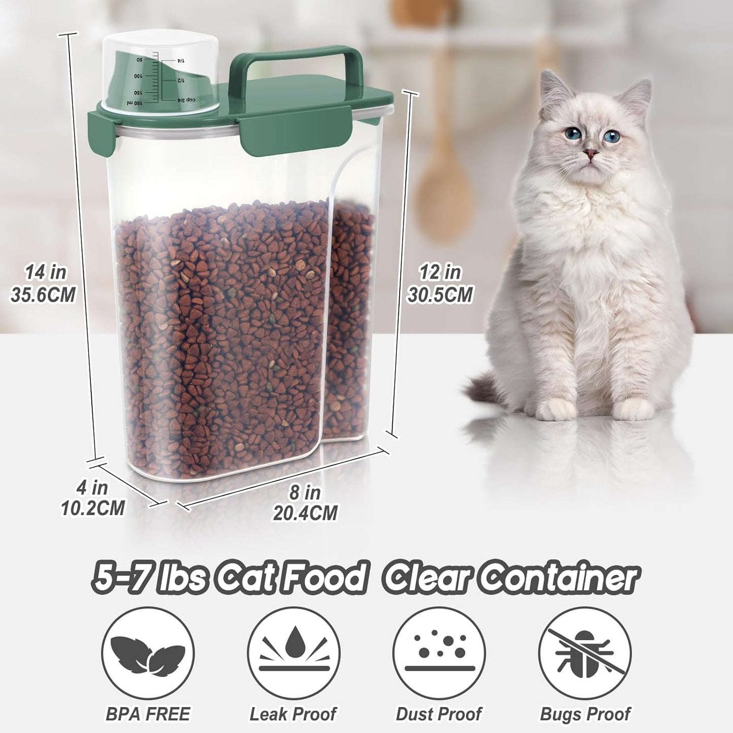 5-7lbs Cat Dog Storage Container Portable with Upgraded Large Spout and Cup, Plastic Pet Food Dispenser BPA-Free for Small Animal Kibble, Bird Seed, Oatmeal, Rice, Flour-2Pack Dark Green