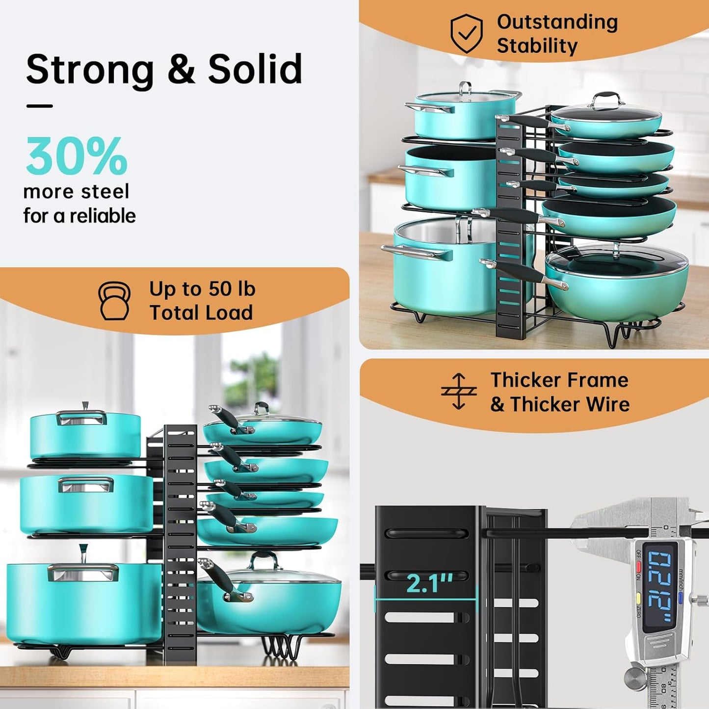 MUDEELA Pots and Pans Organizer Rack under Cabinet 16.61 Height, 8 Tiers Adjustable Pot Pan Rack with 3 DIY Methods, Pot Lid holder for Kitchen Cabinet Organizers and Storage