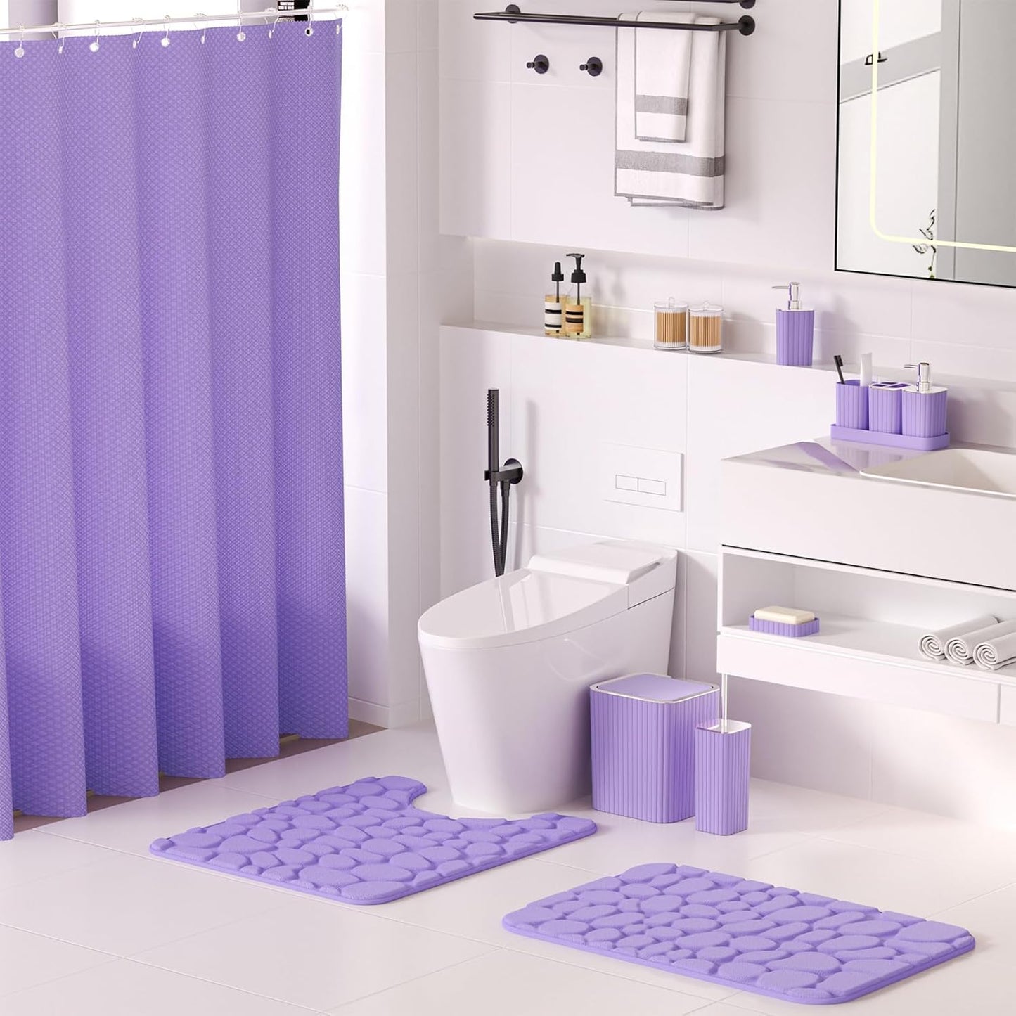 Bathroom Accessories Set - 25PC Bathroom Sets with Shower Curtain and Rugs, Purple Bathroom Accessories with Trash Can, Soap Dispenser, Soap Dish & Toilet Brush