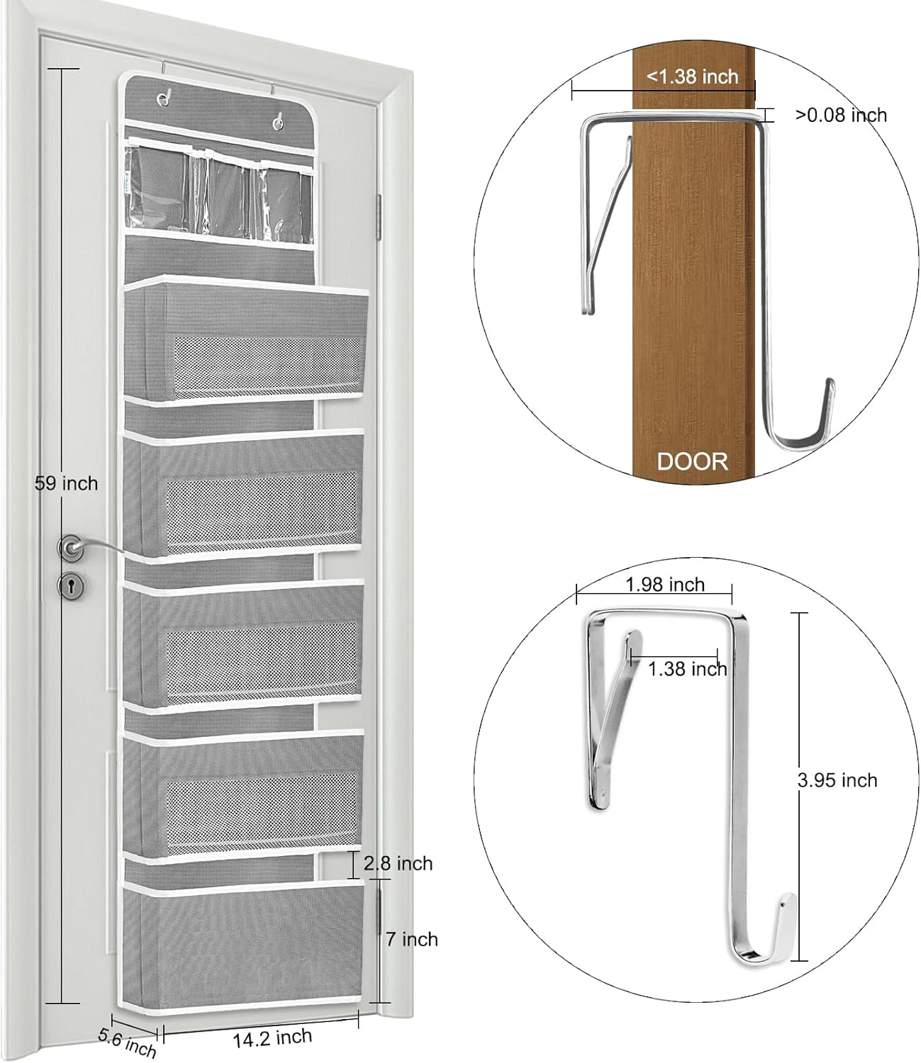 Over The Door Organizer Storage, 6 Shelf of Reinforcement Anti-Tilt Can Bear 44lb Bathroom Organization and Storage, Suitable for Bedroom, Pantry, Kitchen, Grey
