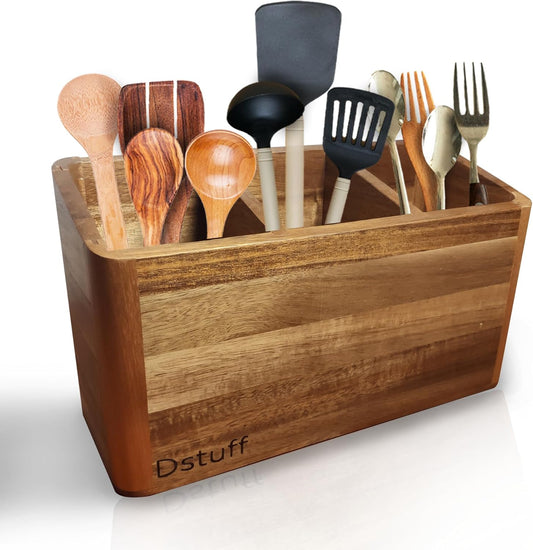 Dstuff Large Kitchen Utensil Holder Organizer for Counter or Countertop, Large Wooden Utensil Holder for Storage Cooking and Silverware with 3 Compartment, Acacia Rustic Wood Container Extra Large