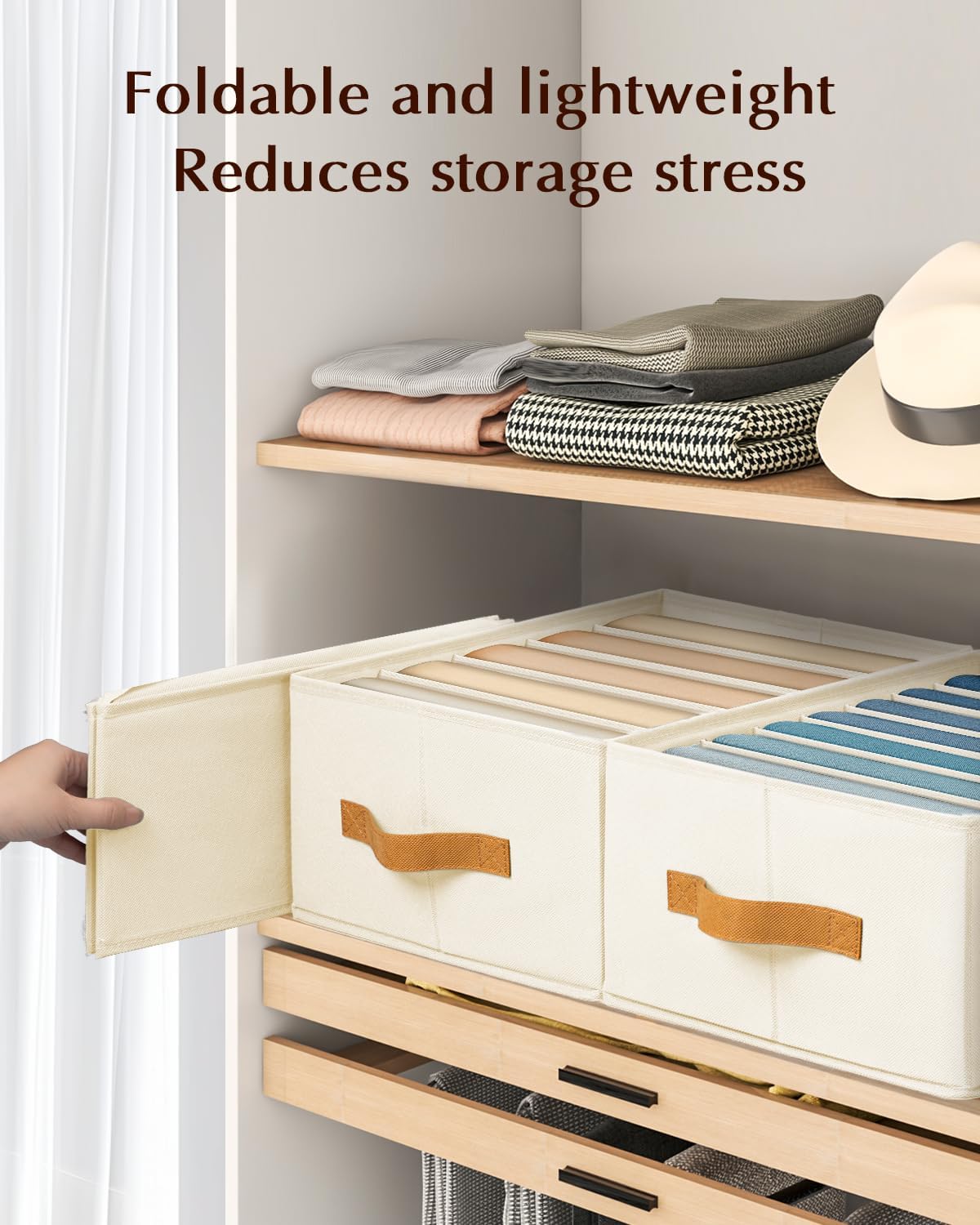 Clothes Organizers and Storage - 4/5/7 Grids Fabric Jeans Organizer with Handles, Foldable Closet Organizers Dividers, Wardrobe organizer for Pant, Sweater, T-shirt, Scarf, 3 Pack, Beige