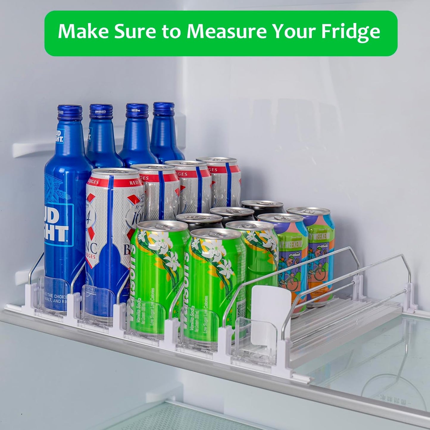 RULA Drink Organizer for Fridge, Self-Pushing Soda Can Dispenser for Mini Refrigerator, Width Adjustable Water Bottle Pusher Glide, White, 5 Rows,12.2” D