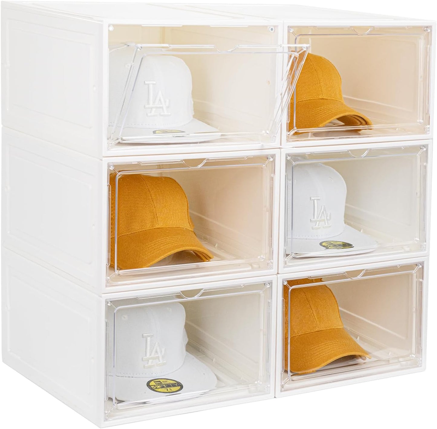 6 Pack Hat Organizer Box, Stackable Clear Baseball Caps Holder Box Containers with Magnetic Door for Hats Snapback Cap Storag, Hat Rack Display Case, Holds 8 Hats Each (White)
