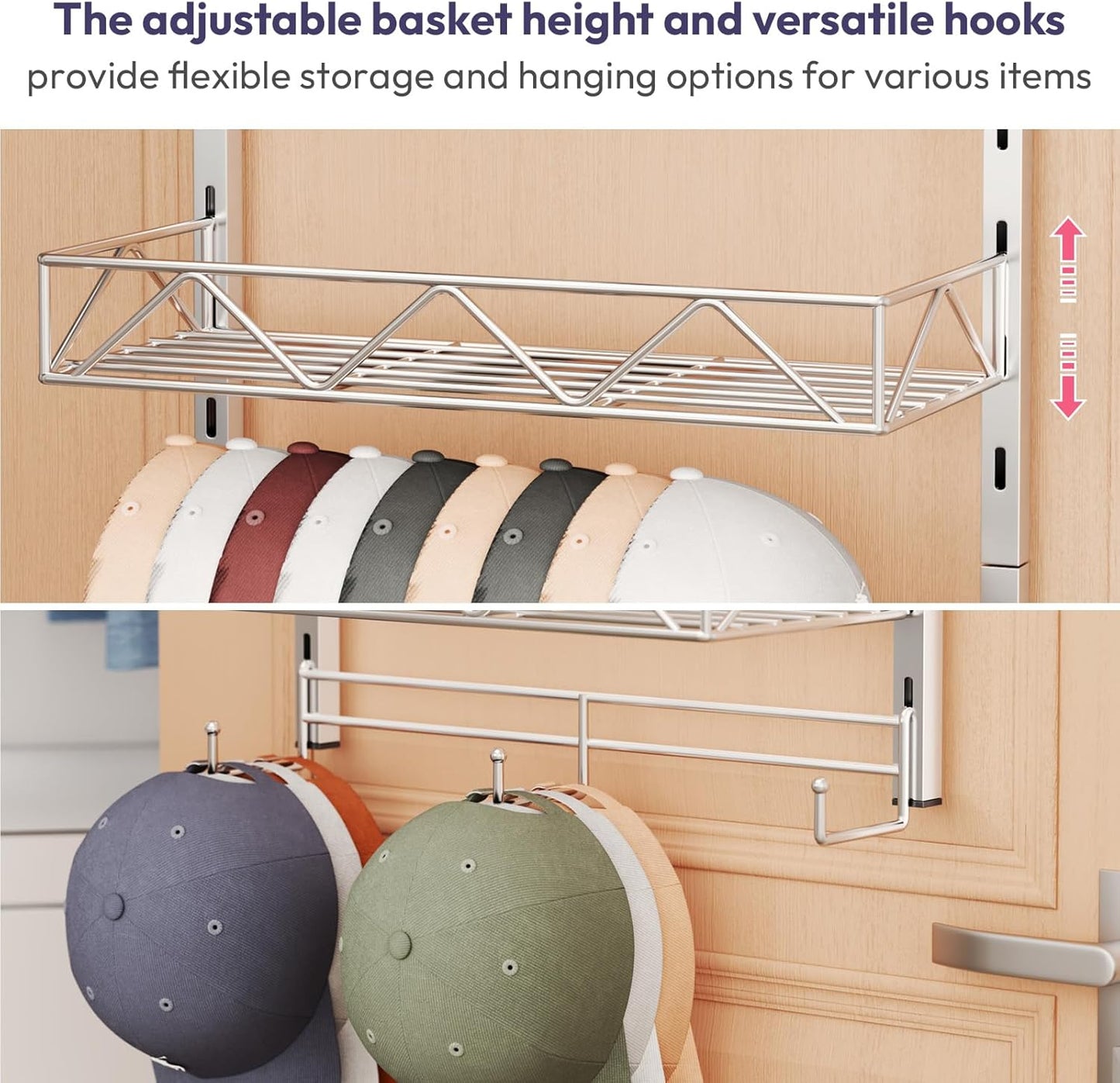 SWTYMIKI Over Door Hat Organizer - 3 Tier Wall Mounted Hat Rack with 2 Adjustable Metal Basket and 3 Hooks, Hanging Baseball Cap Organizer Storage Holds up to 29 Caps for Door, Bedroom, Closet