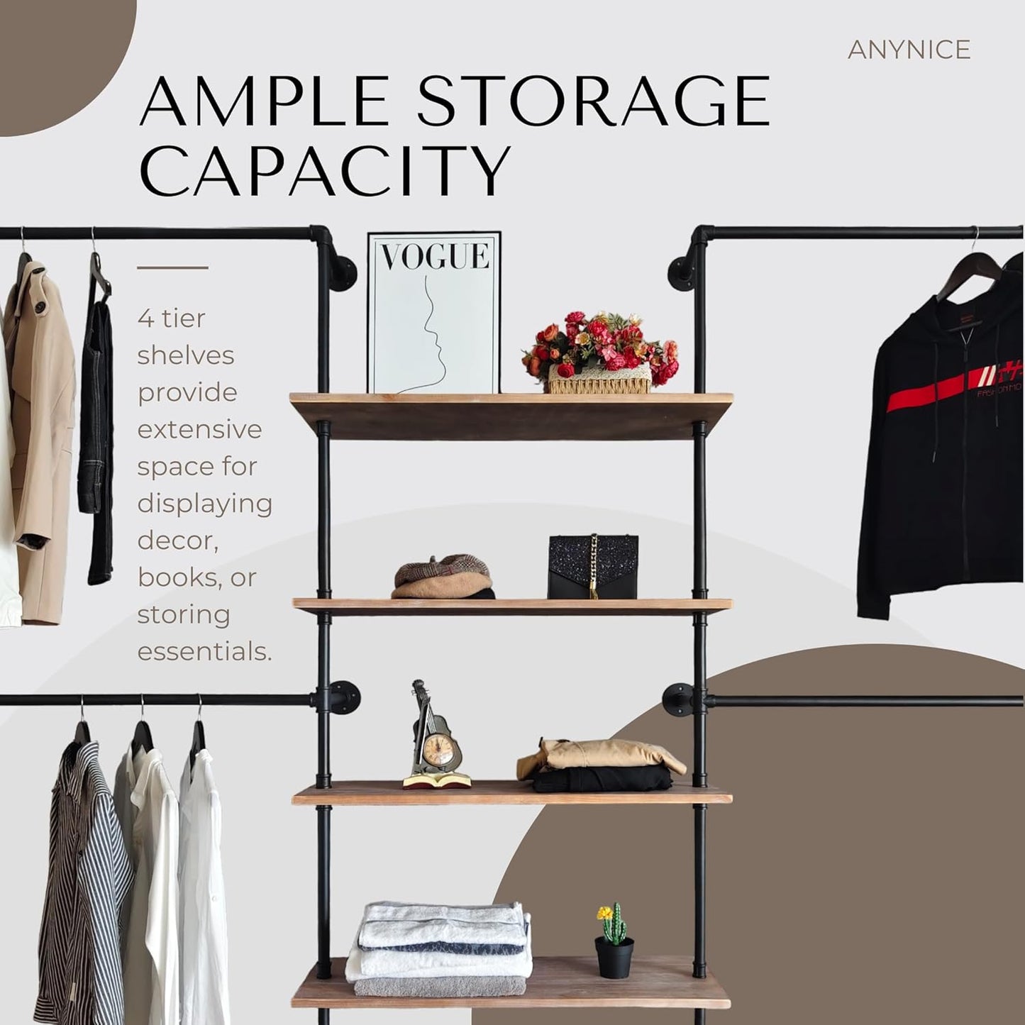 Industrial Pipe Clothing Rack, Wall Mounted Garment Hanging Rack with Shelves, 14.6x122.8x82.7 Inches, Model Y05
