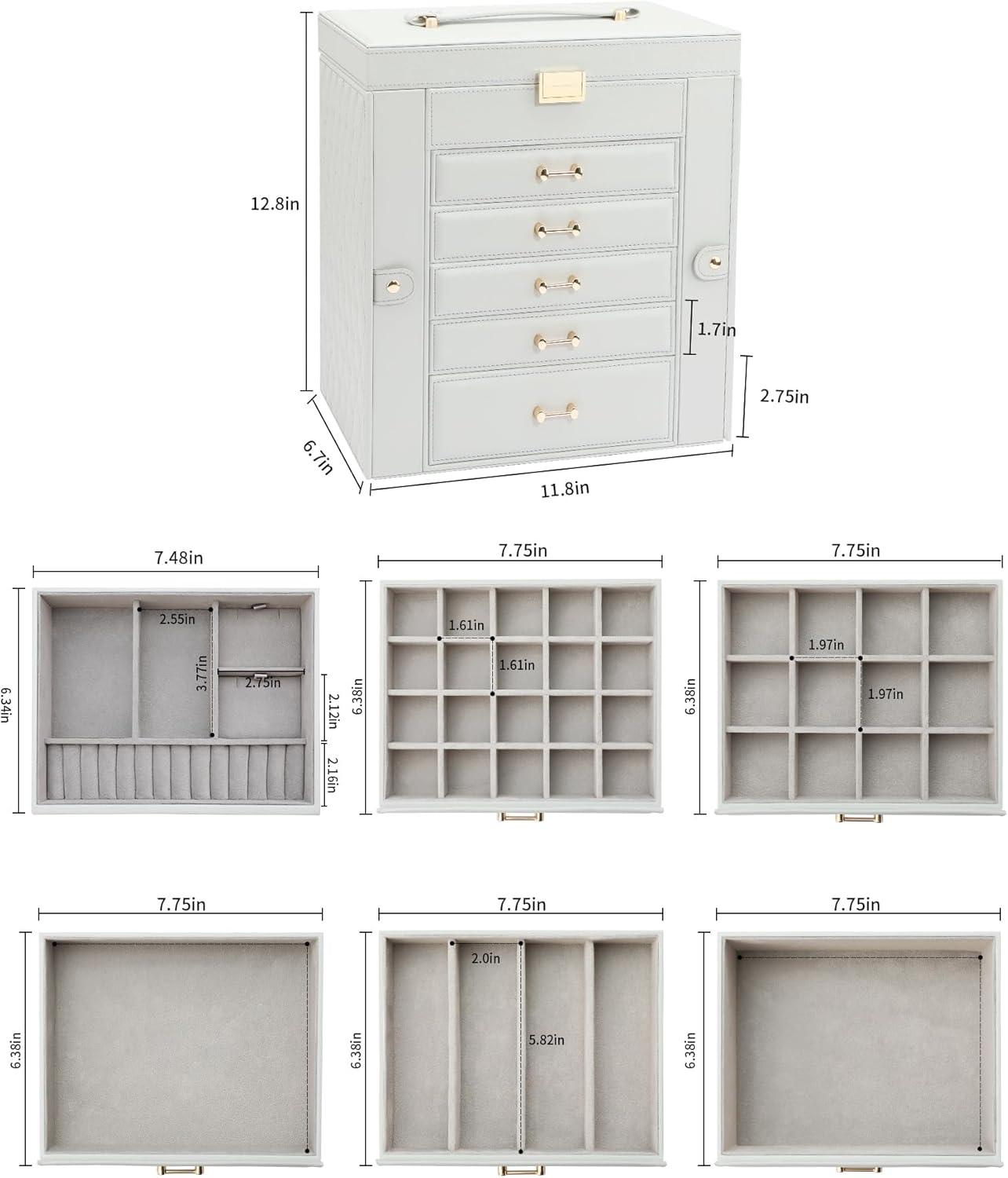 Large Jewelry Box, Jewelry Boxes for Women Large Jewelry Organizers and Storage, Jewelry Organizer for Rings Earrings Necklaces Glasses Bracelets Watches, Grey