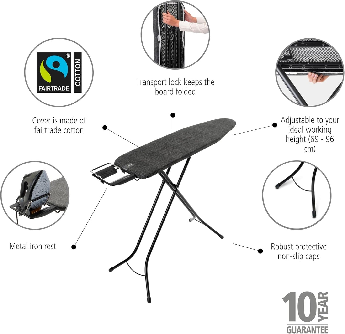 Brabantia Size A Compact Small Ironing Board (43x12 in) 7 Height Options, Adjustable Steam Iron Rest Holder (Denim Black) Non-Slip Feet, Anti-Collapse Child Locks