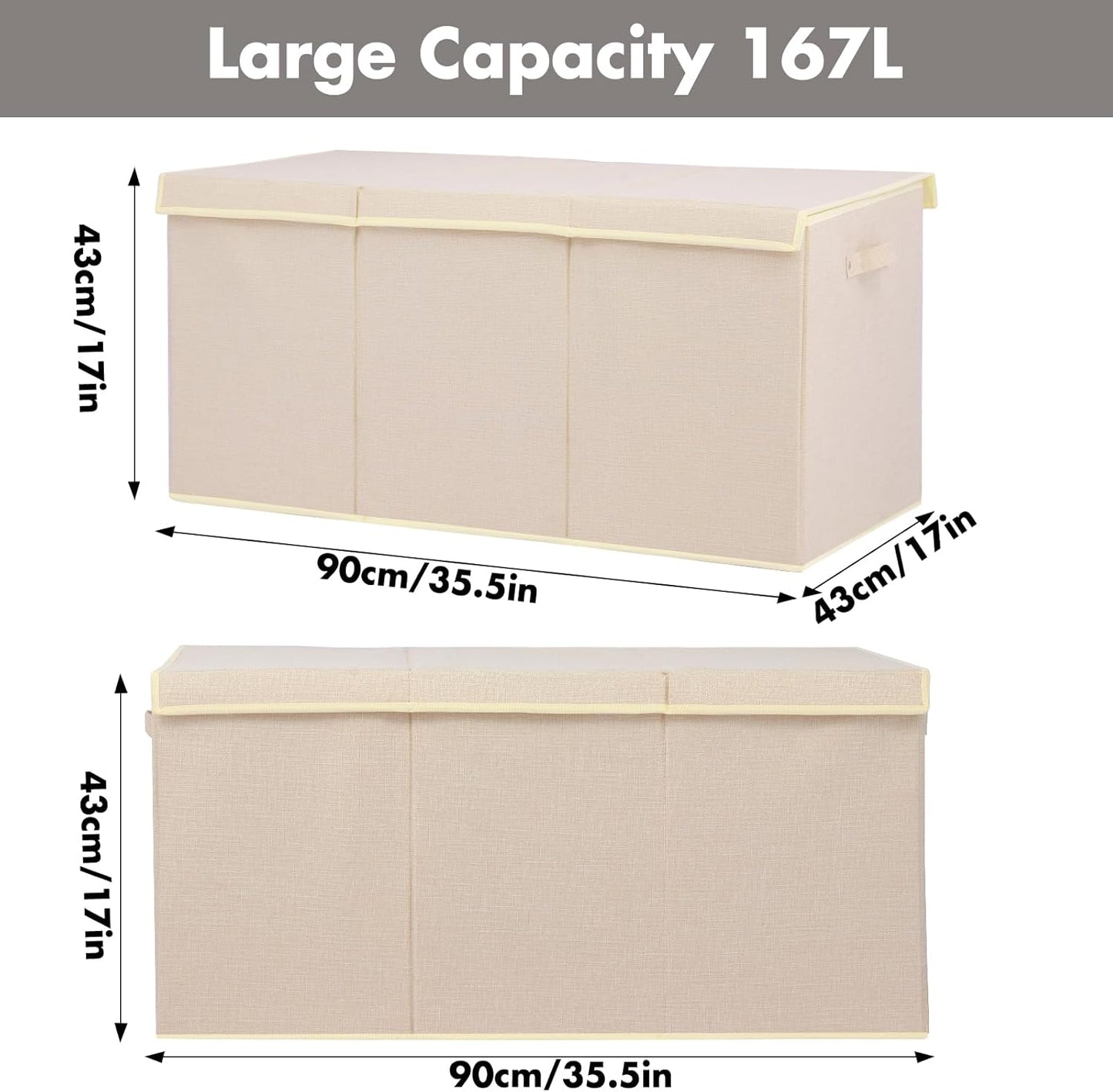 Extra Large Toy Box 167L, Sturdy Toy Storage Chest Organizer Bin Baskets with 2 Removable Divider for Boys, Girls, Kids, Nursery, Bedroom, Playroom, 35.5"x17" x17" (Linen Beige)